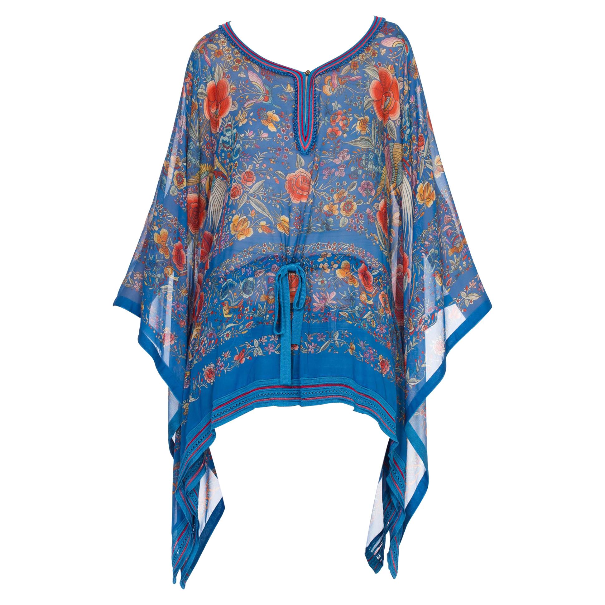 Roberto Cavalli Chinese Embroidery Printed Silk Chiffon Kaftan Tunic Top