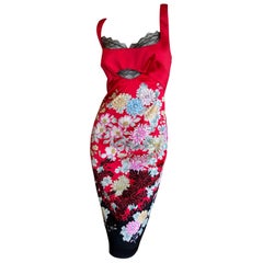 Roberto Cavalli Chinoiserie Floral Pattern Lace Trim Silk Cocktail Dress