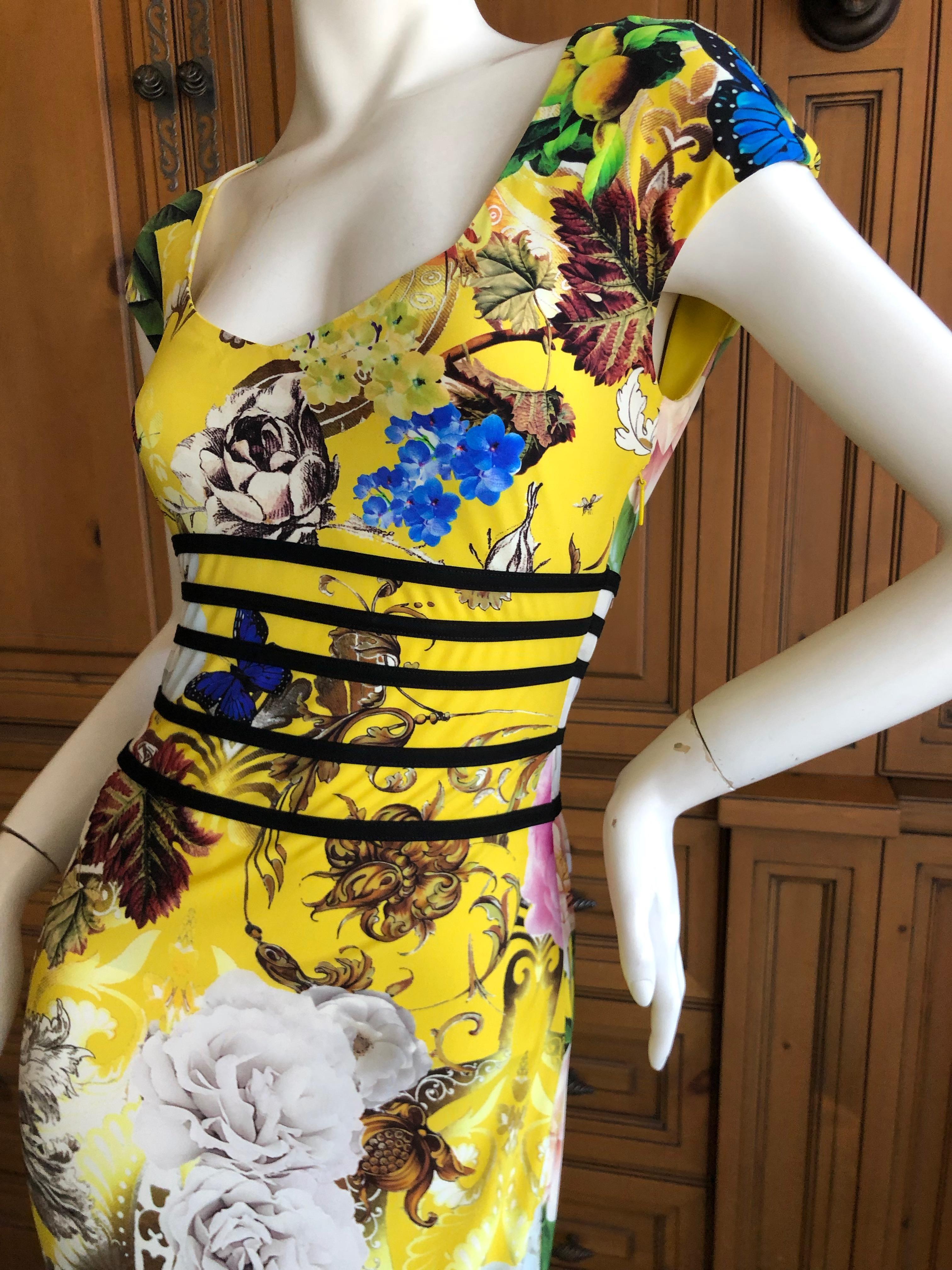 Beige Roberto Cavalli Chinoiserie Style Long Yellow Floral Dress  For Sale