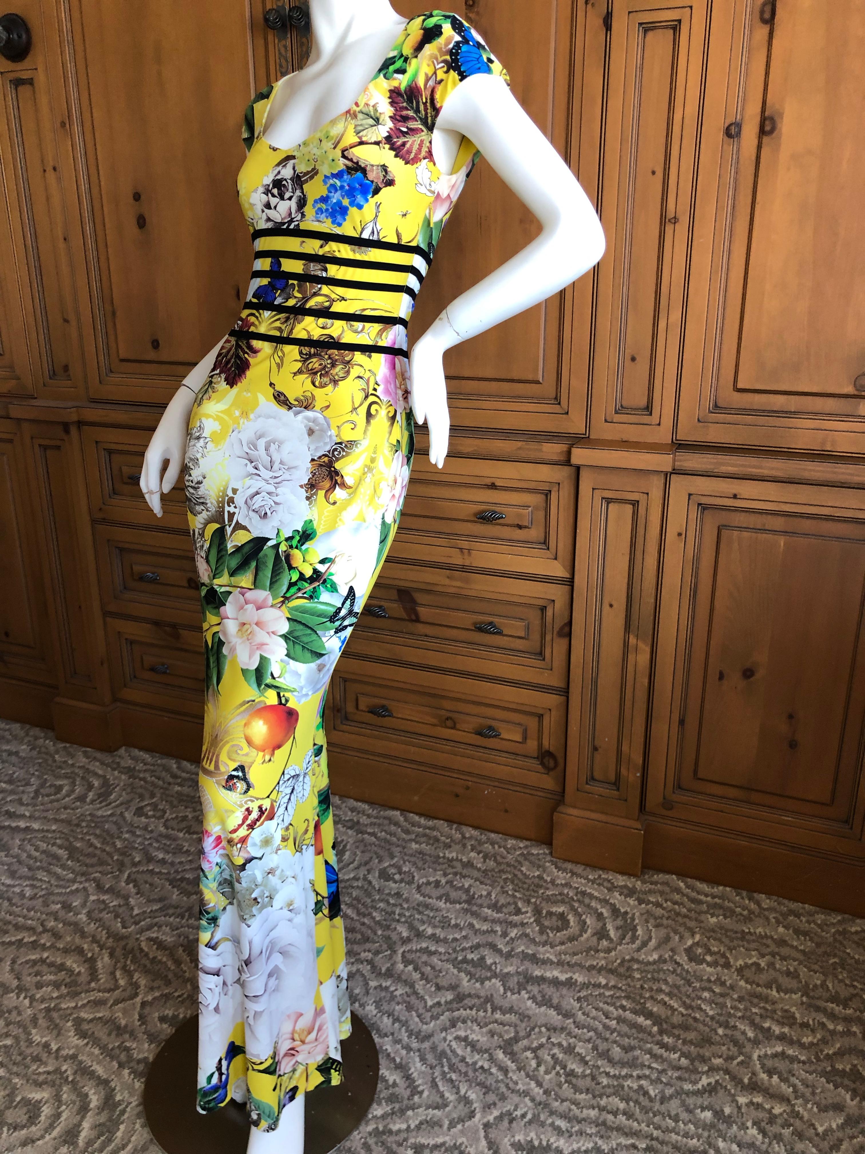 Roberto Cavalli Chinoiserie Style Long Yellow Floral Dress  In Excellent Condition For Sale In Cloverdale, CA