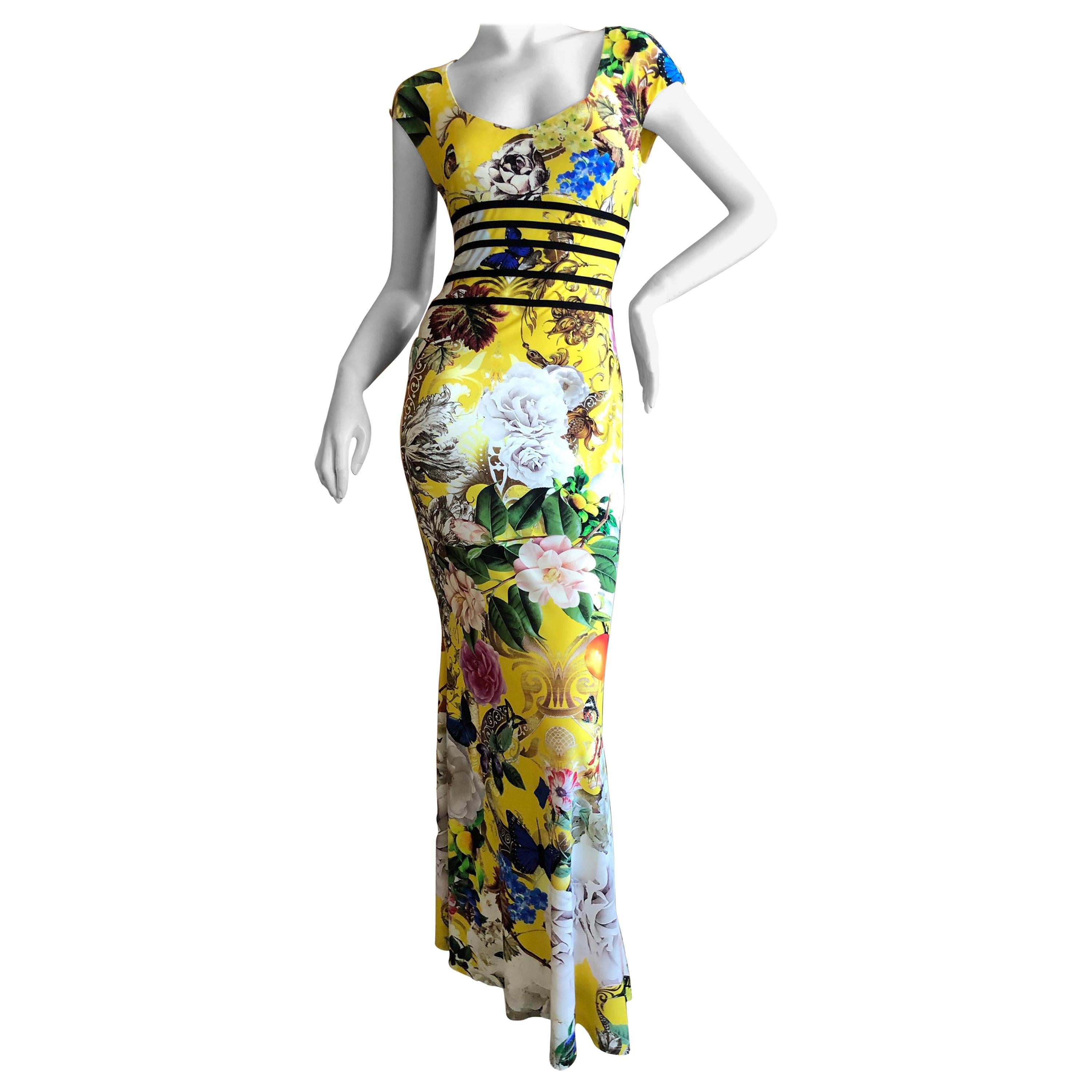 Roberto Cavalli Chinoiserie Style Long Yellow Floral Dress  For Sale