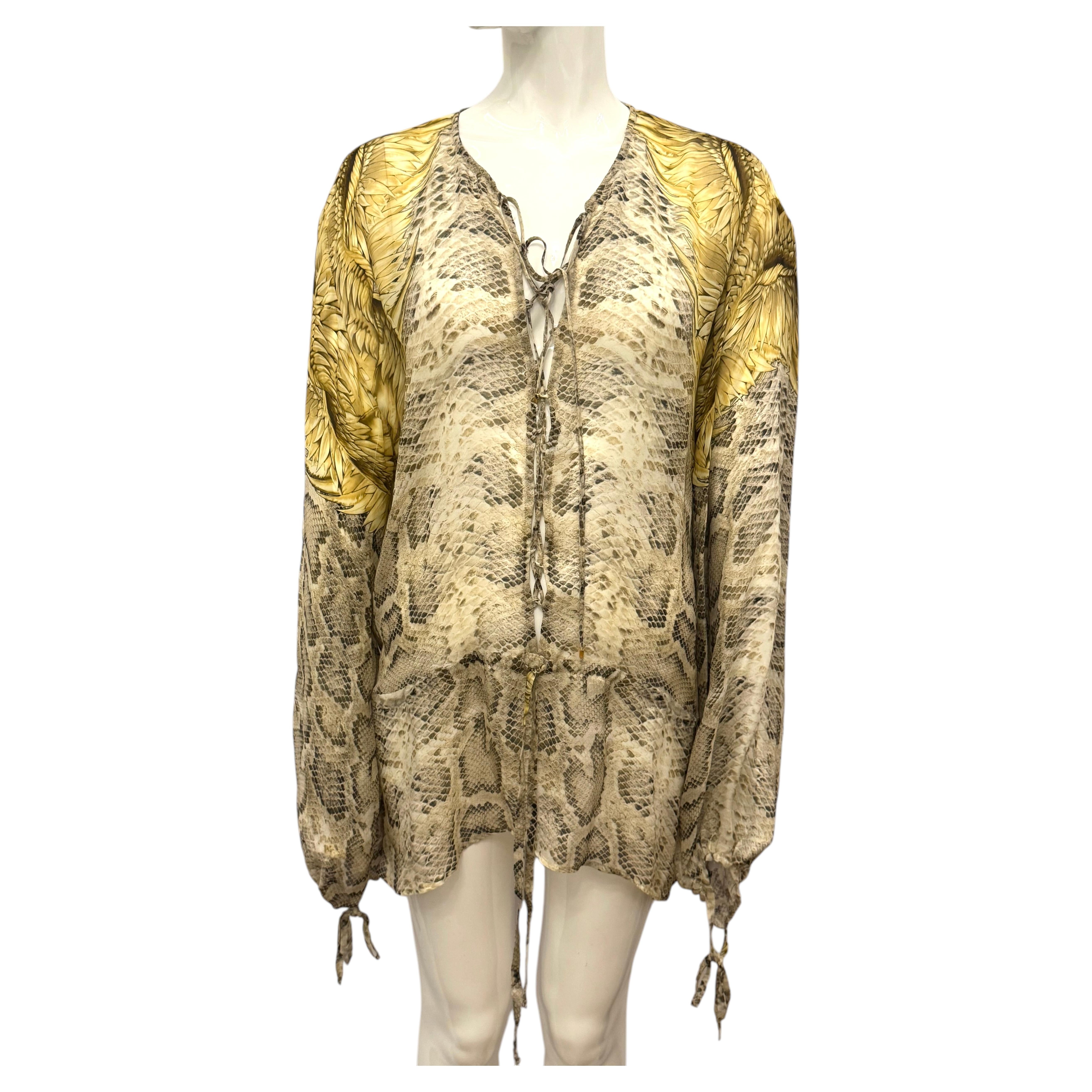 Roberto Cavalli, um 2005: Seidenbluse mit Python-Print und goldenem Federmotiv