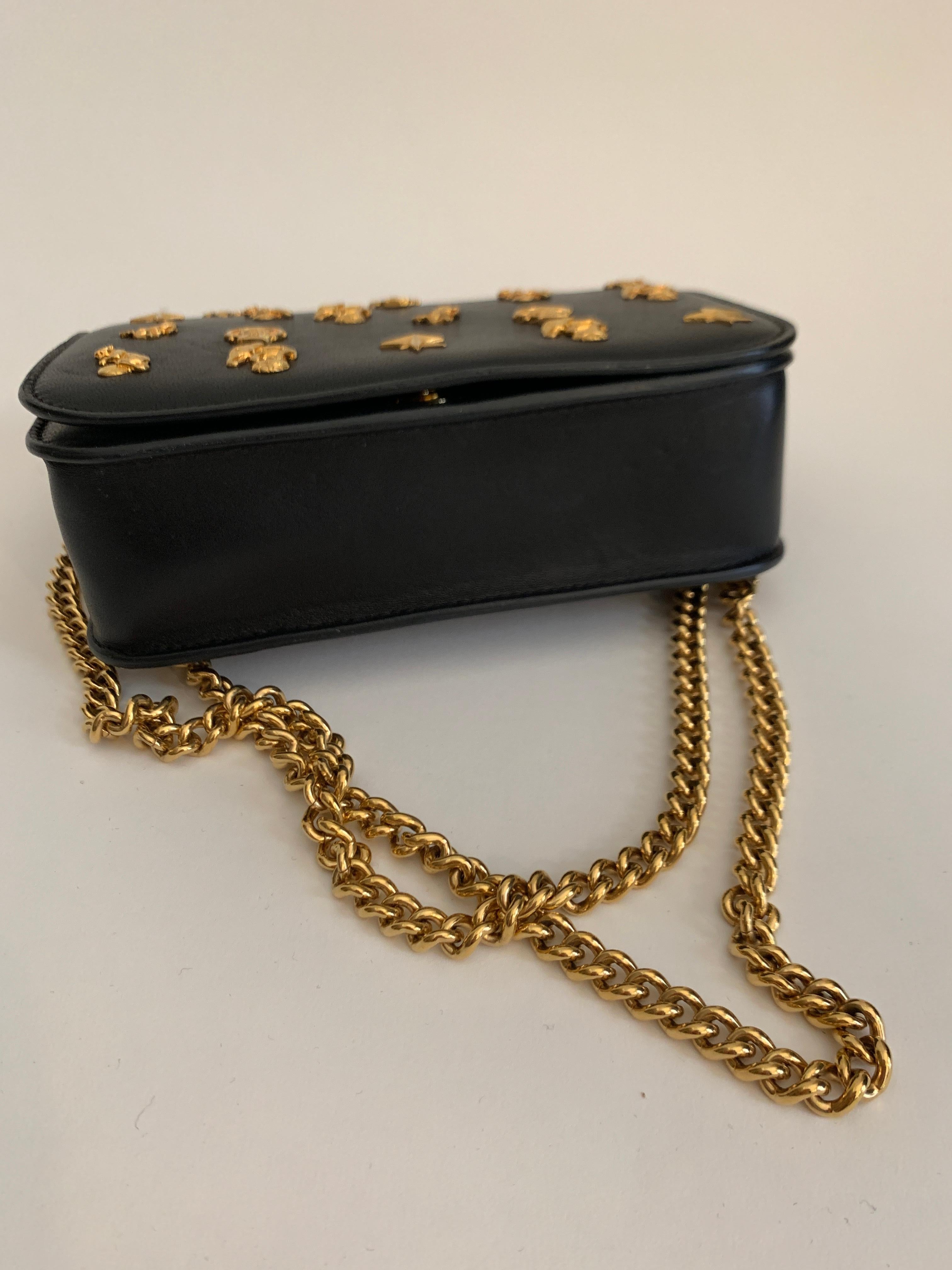 Roberto Cavalli Circus Purse Black Leather Gold Animal Embellishment Chain Strap For Sale 1