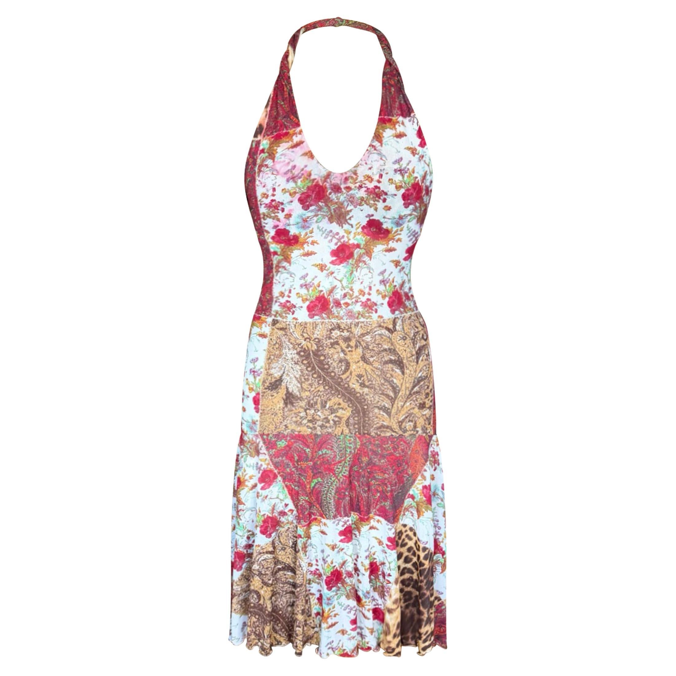 Roberto Cavalli "Class" 2000s Floral & Leopard Patchwork Halter Midi Dress
