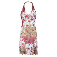 Roberto Cavalli "Class" 2000s Floral & Leopard Patchwork Halter Midi Dress