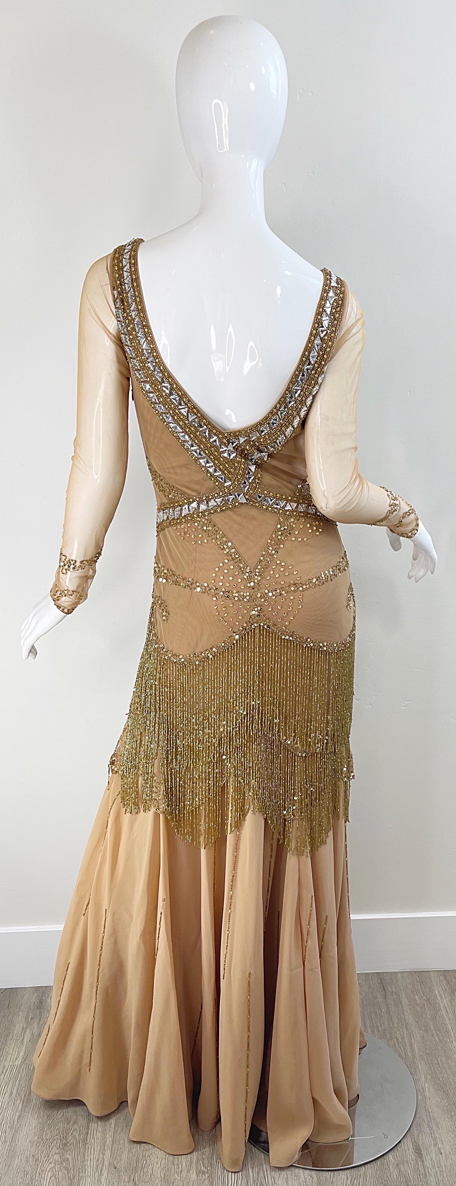 Roberto Cavalli Class 2000s Nude Gold Size 2 / 4 Deco Beaded Fringe Mesh Dress  For Sale 6