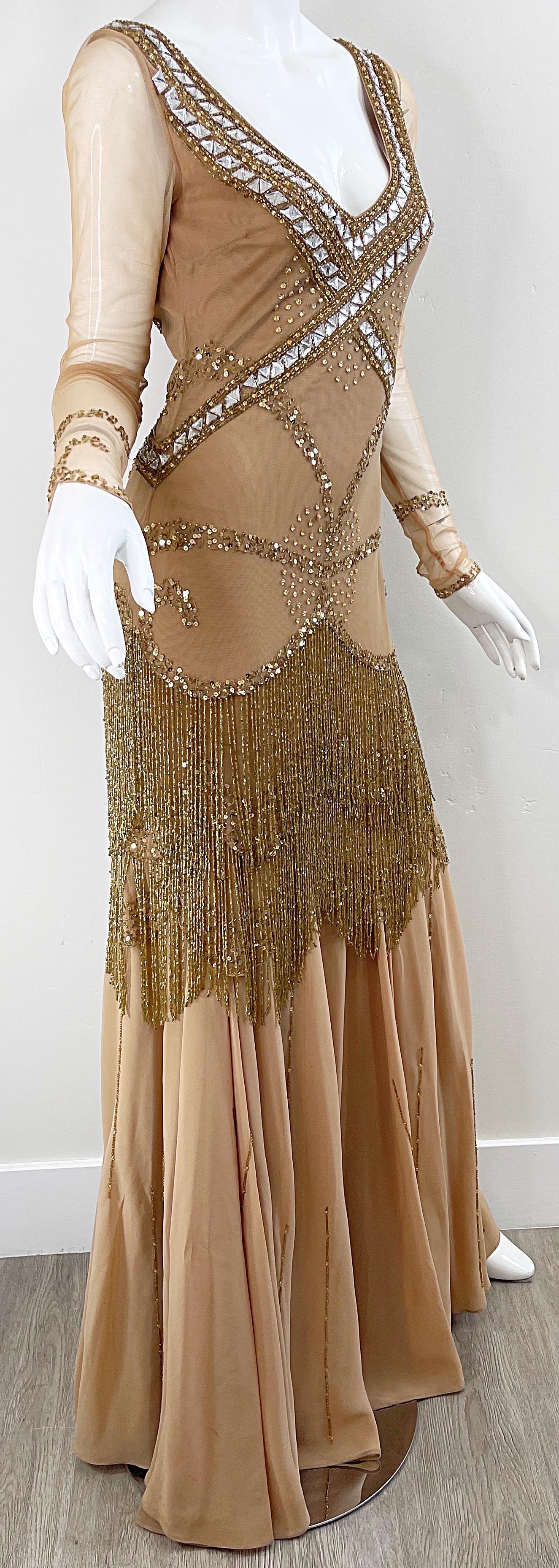 Roberto Cavalli Class 2000s Nude Gold Size 2 / 4 Deco Beaded Fringe Mesh Dress  For Sale 8