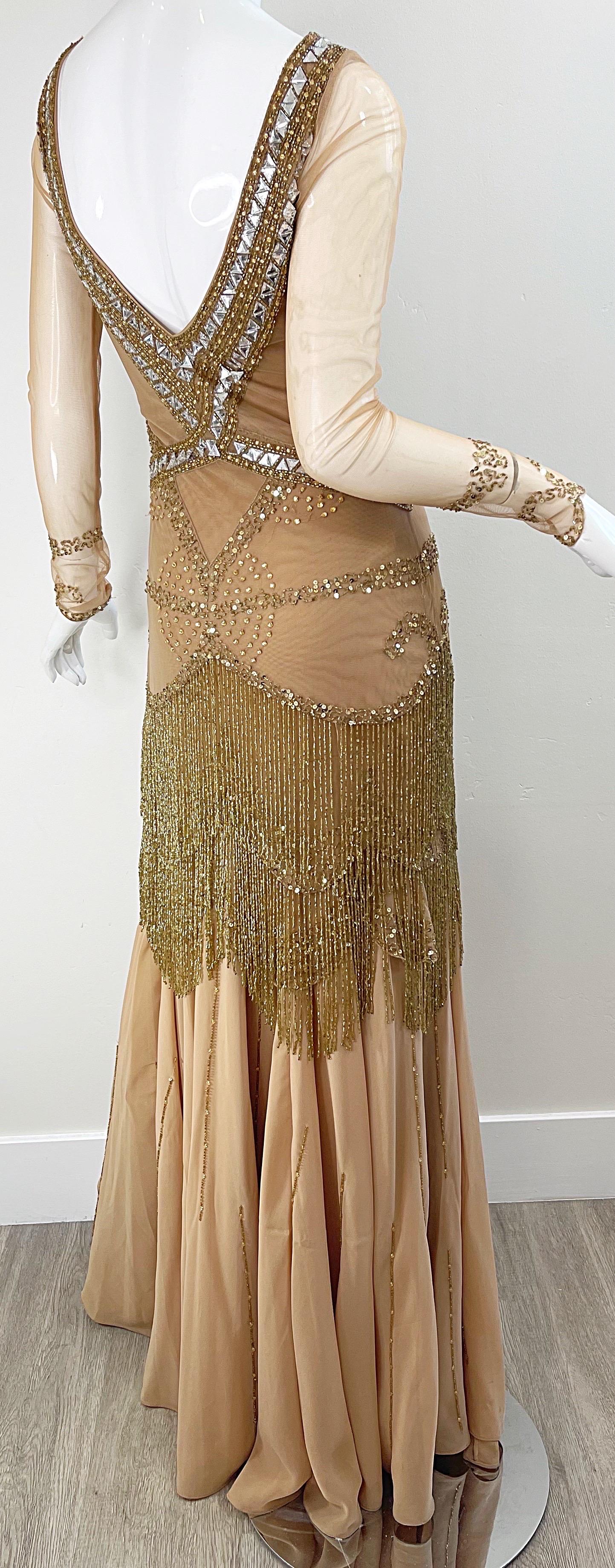Roberto Cavalli Class 2000s Nude Gold Size 2 / 4 Deco Beaded Fringe Mesh Dress  For Sale 9