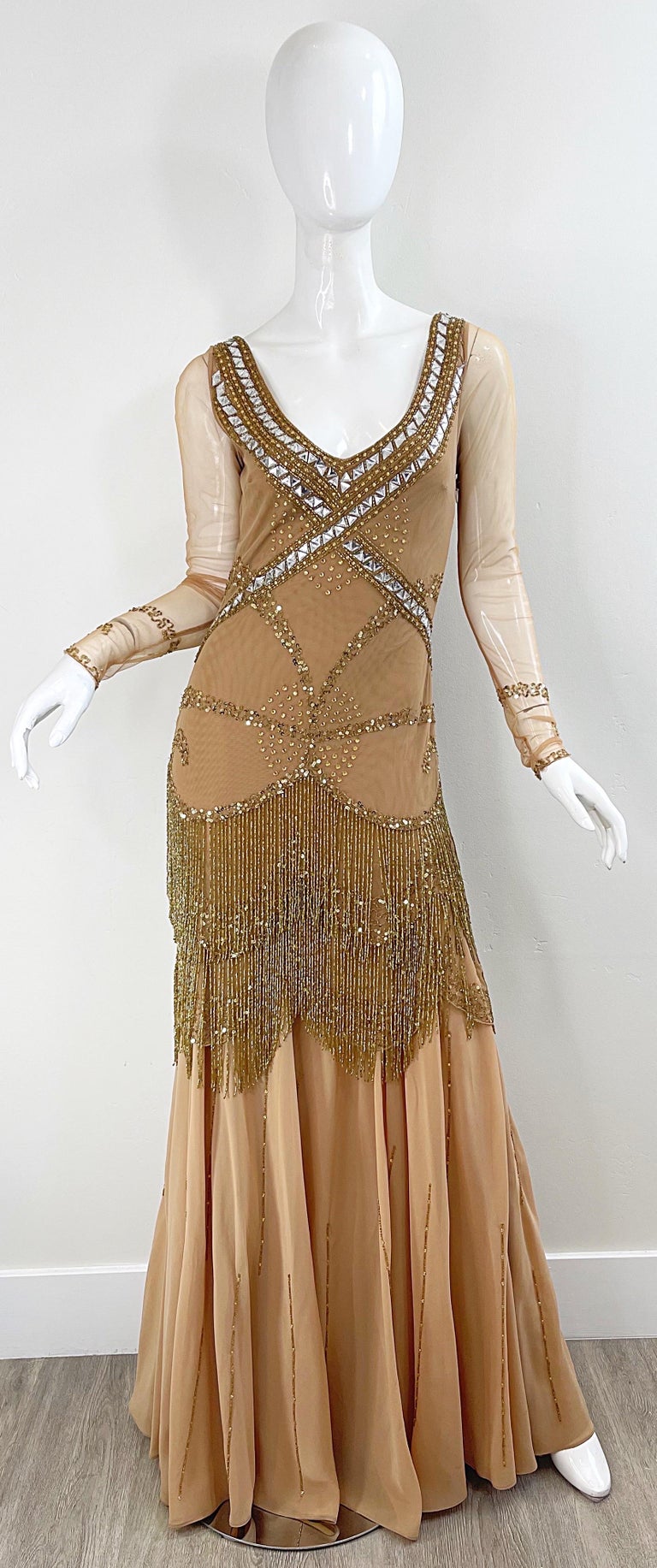 roberto cavalli gold fringe dress Roberto Cavalli Class 2000s Nude Gold Size 2 / 4 Deco Beaded Fringe Mesh  Dress For Sale at 1stDibs