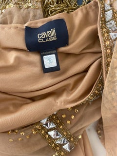 Roberto Cavalli Class 2000s Nude Gold Size 2 / 4 Deco Beaded Fringe Mesh Dress