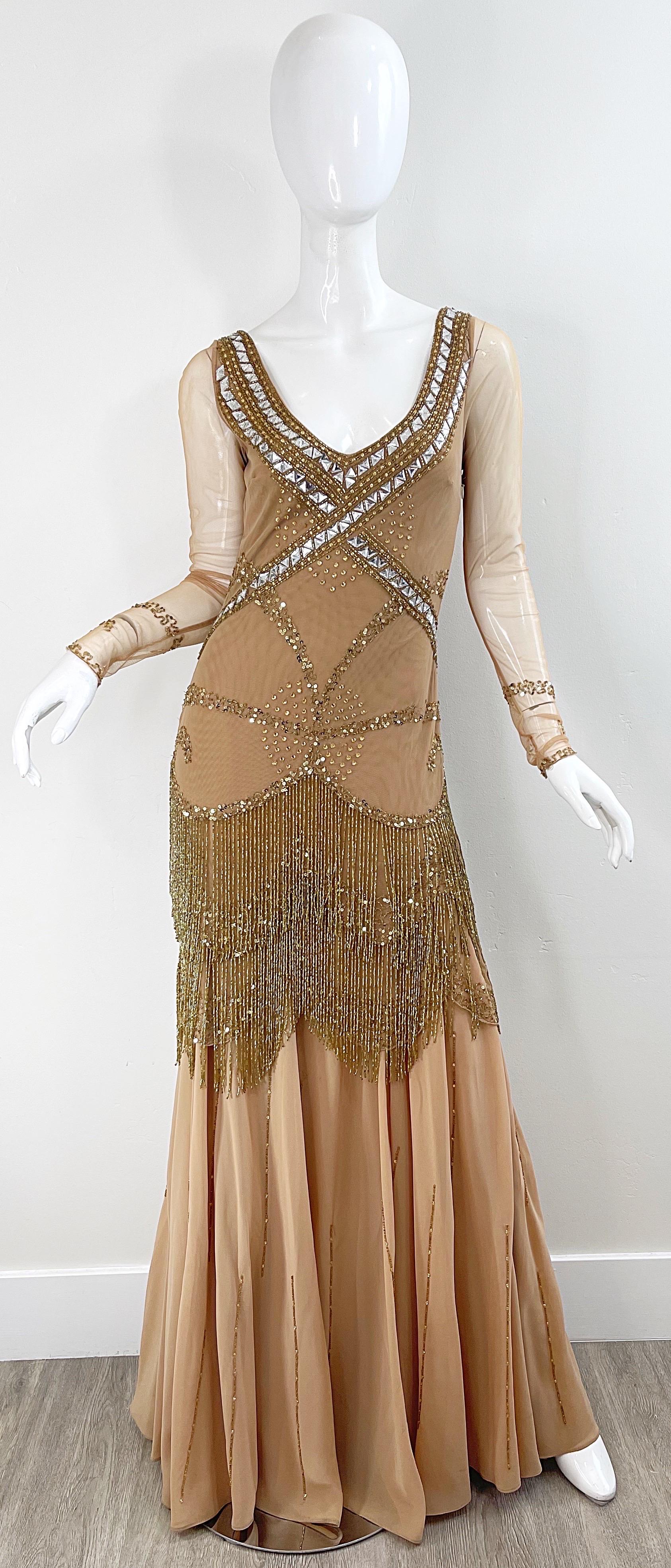 Roberto Cavalli Class 2000s Nude Gold Size 2 / 4 Deco Beaded Fringe Mesh Dress  In Excellent Condition For Sale In San Diego, CA