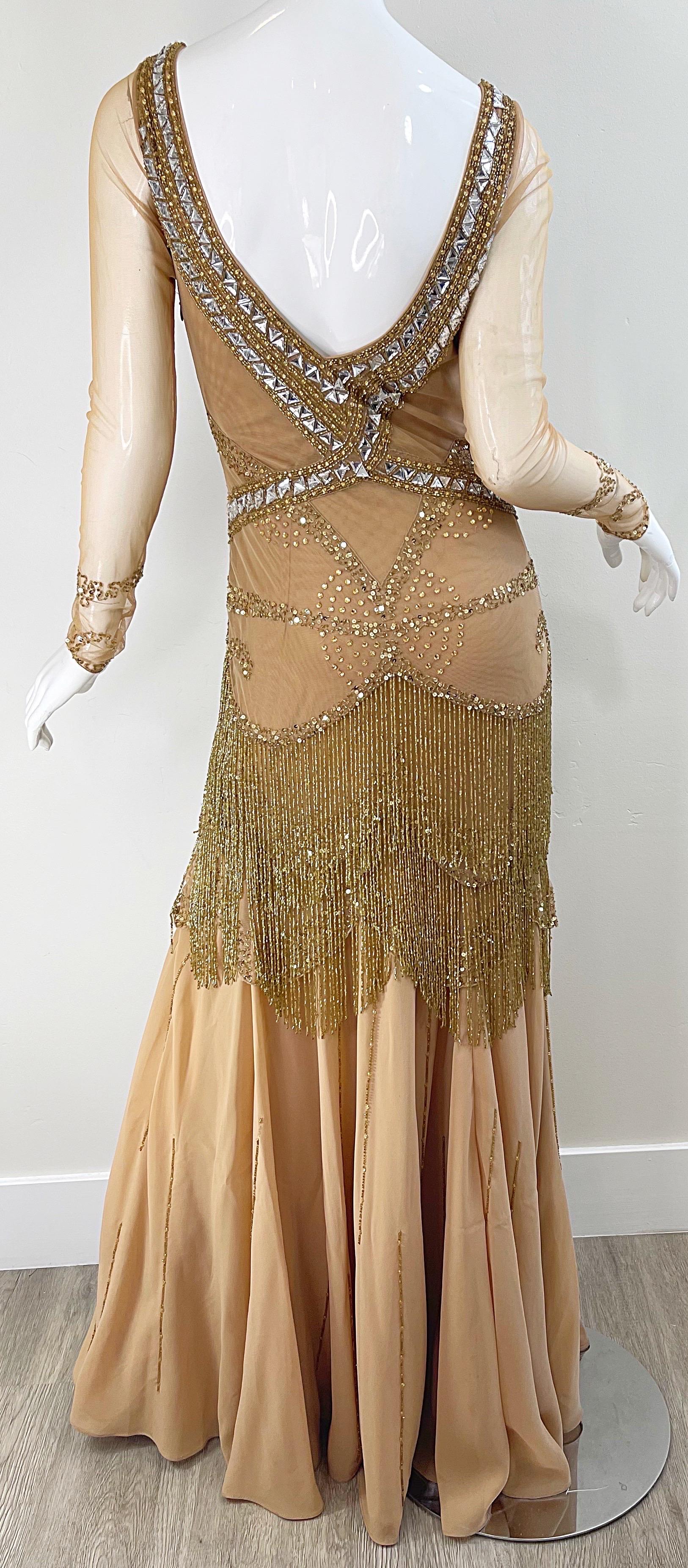 Women's Roberto Cavalli Class 2000s Nude Gold Size 2 / 4 Deco Beaded Fringe Mesh Dress  For Sale