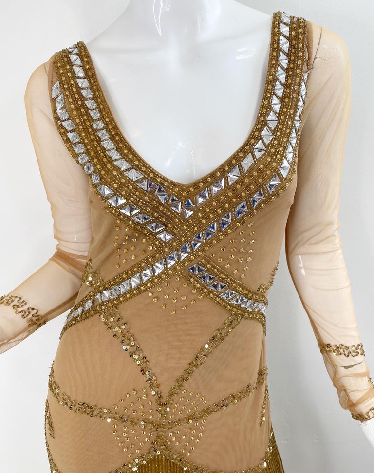 Roberto Cavalli Class 2000s Nude Gold Size 2 / 4 Deco Beaded Fringe Mesh  Dress