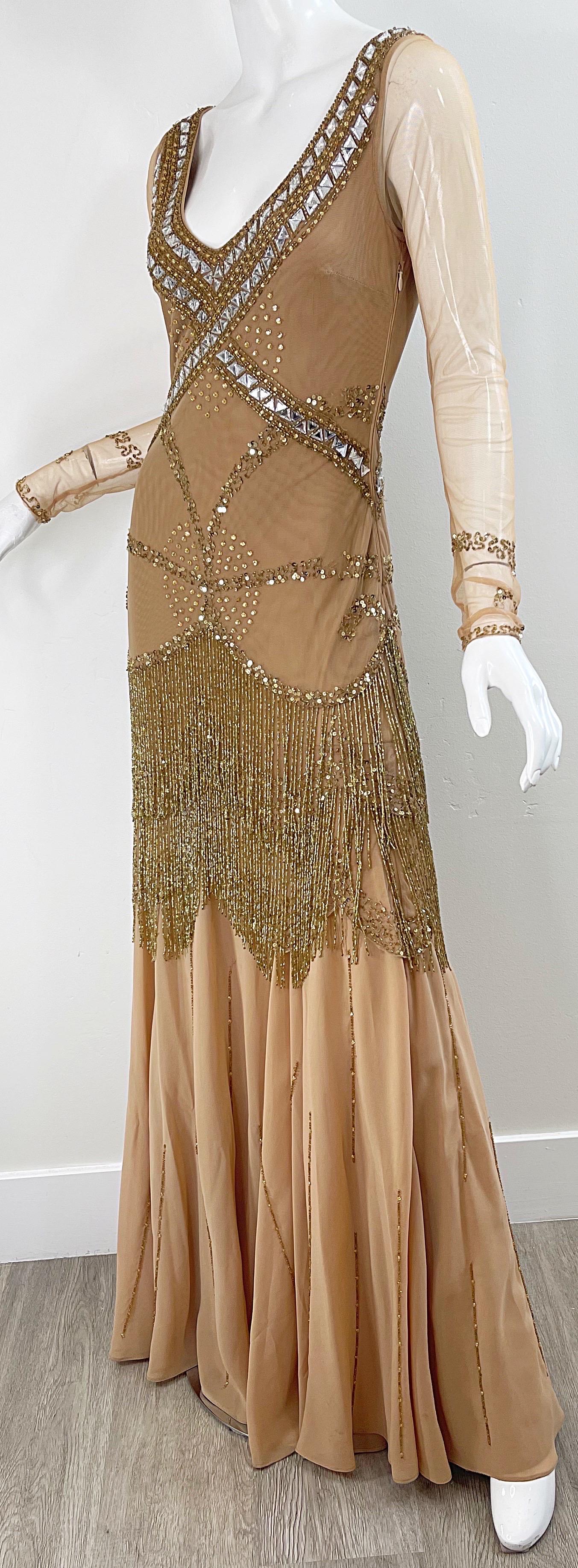 Roberto Cavalli Class 2000s Nude Gold Size 2 / 4 Deco Beaded Fringe Mesh Dress  For Sale 2