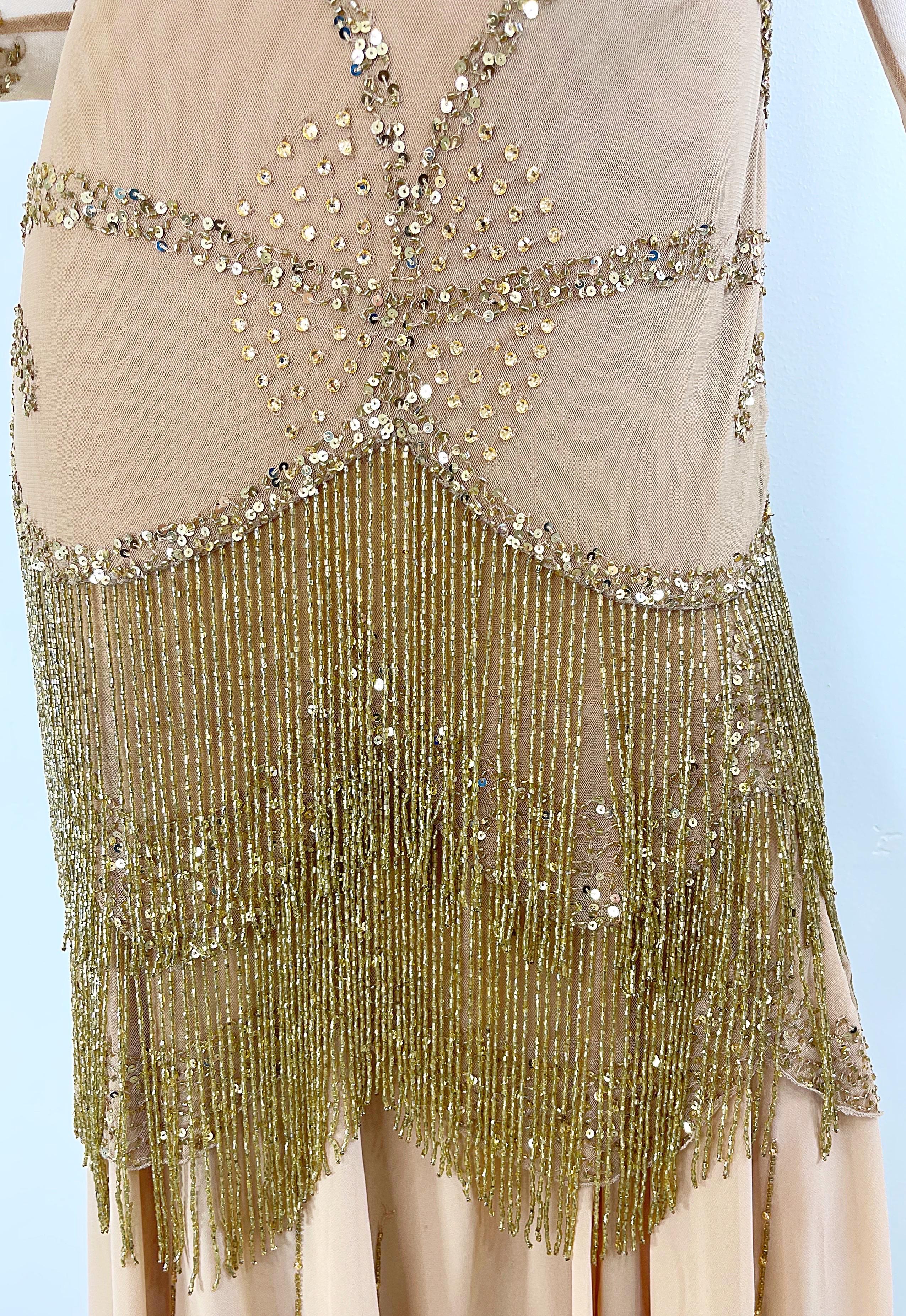 Roberto Cavalli Class 2000s Nude Gold Size 2 / 4 Deco Beaded Fringe Mesh Dress  For Sale 3
