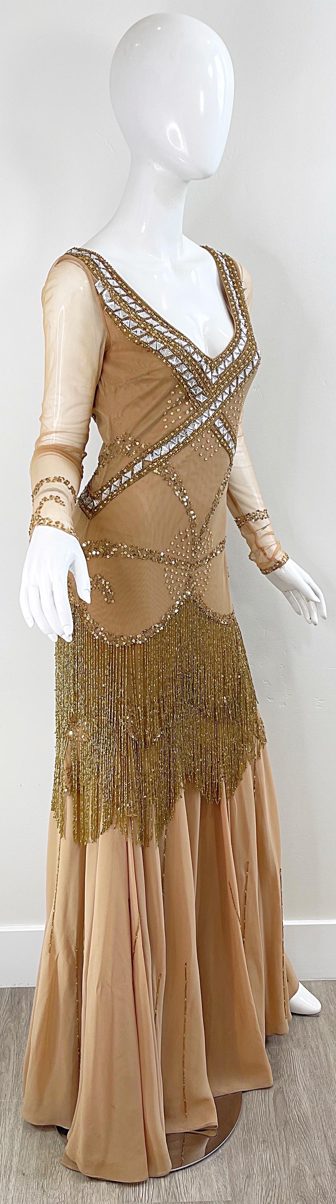 Roberto Cavalli Class 2000s Nude Gold Size 2 / 4 Deco Beaded Fringe Mesh Dress  For Sale 5