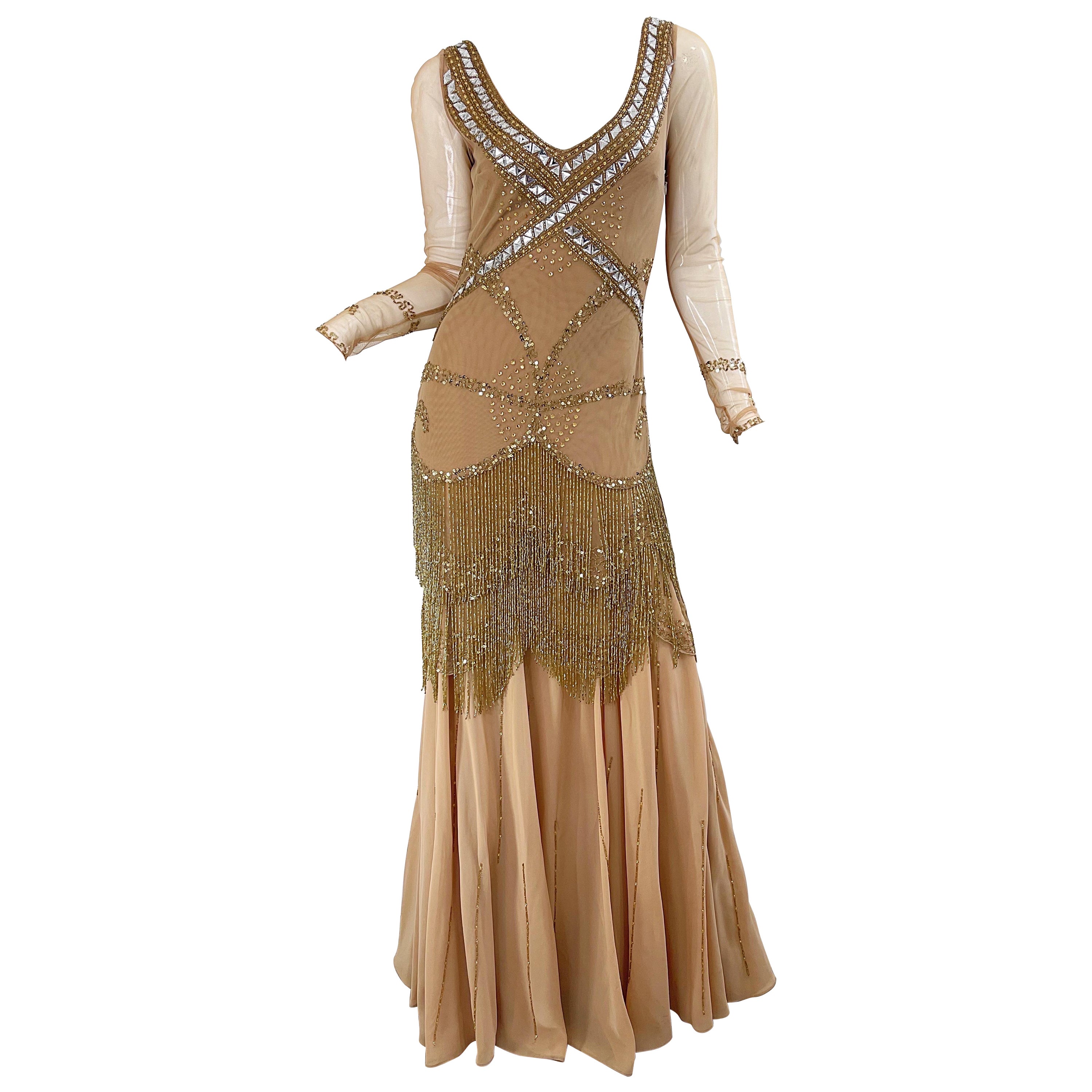 Roberto Cavalli Classe 2000 Oro Nudo Taglia 2 / 4 Abito Deco con Frange in Rete e Perline