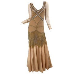 Roberto Cavalli Class 2000s Nude Gold Size 2 / 4 Deco Beaded Fringe Mesh Dress
