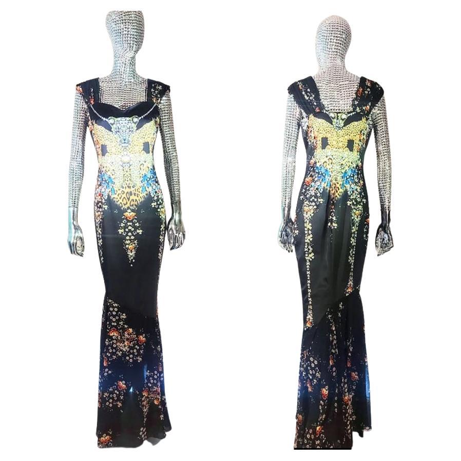 ROBERTO CAVALLI CLASS BLACK SATIN FLOVER GEMS and ANIMAL PRINT dress IT 44, 48