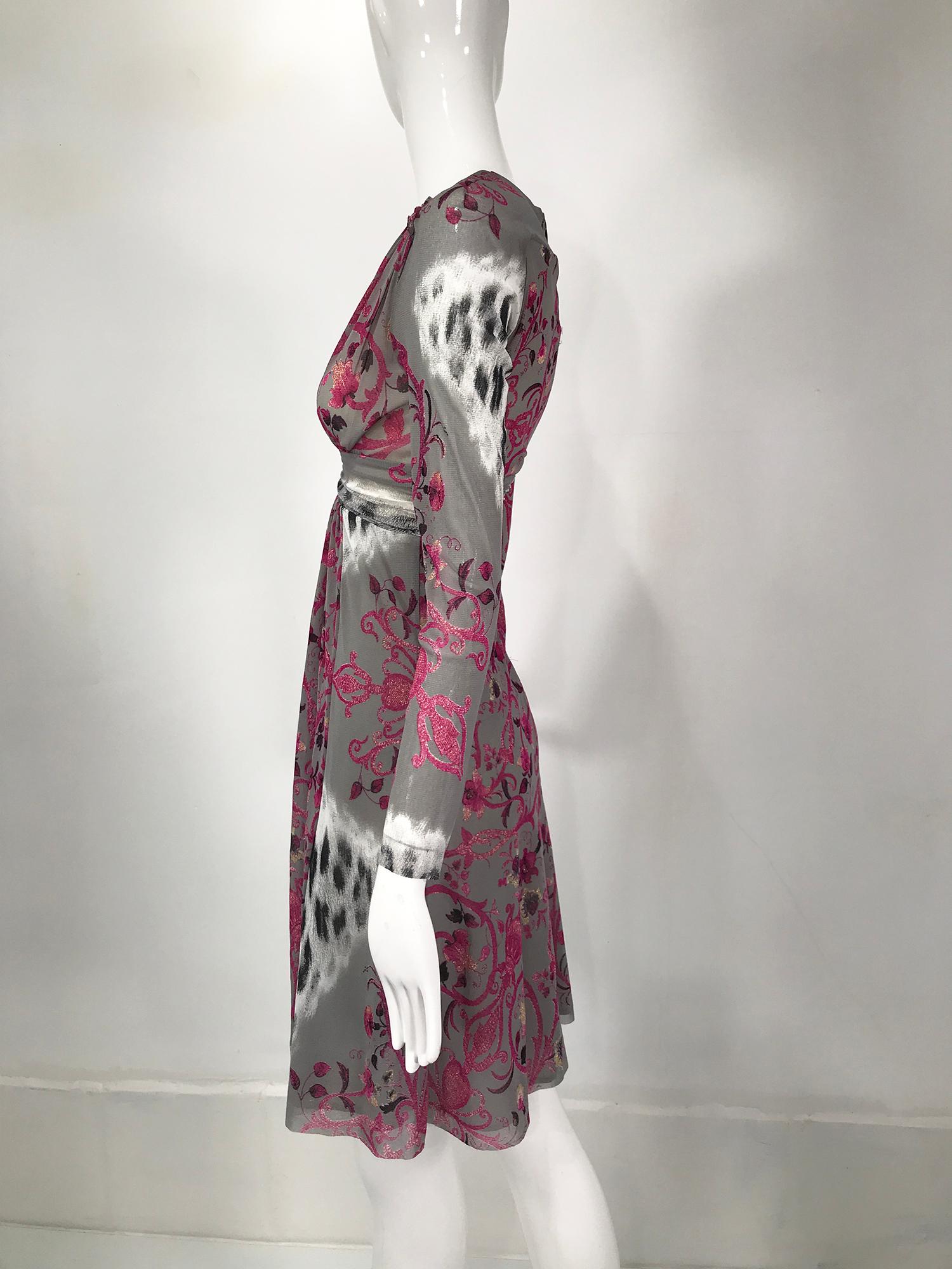 Gray Roberto Cavalli Class V Neck Printed Mesh Empire Bodice Dress For Sale