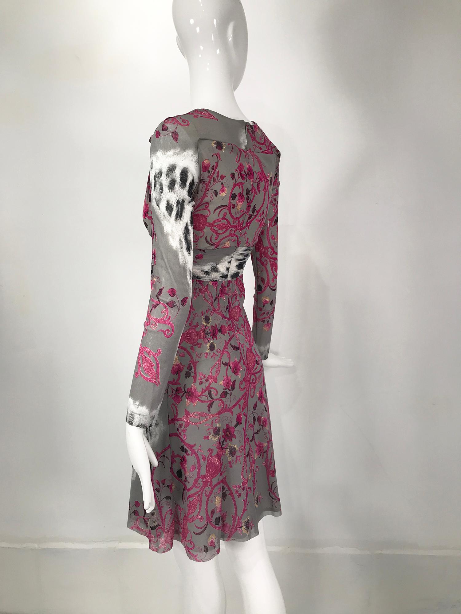 Roberto Cavalli Class V Neck Printed Mesh Empire Bodice Dress In Good Condition For Sale In West Palm Beach, FL