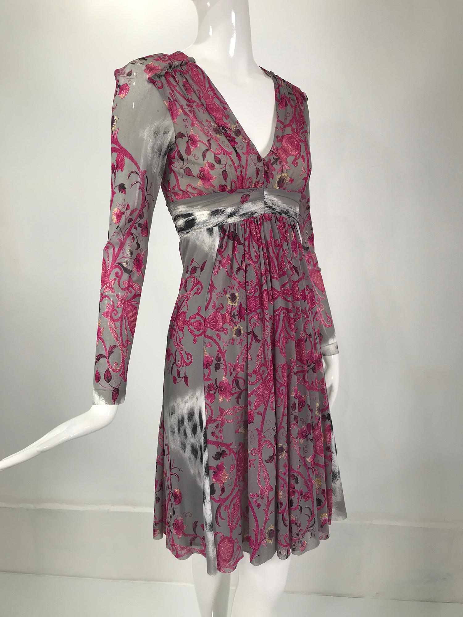Roberto Cavalli Class V Neck Printed Mesh Empire Bodice Dress For Sale 3