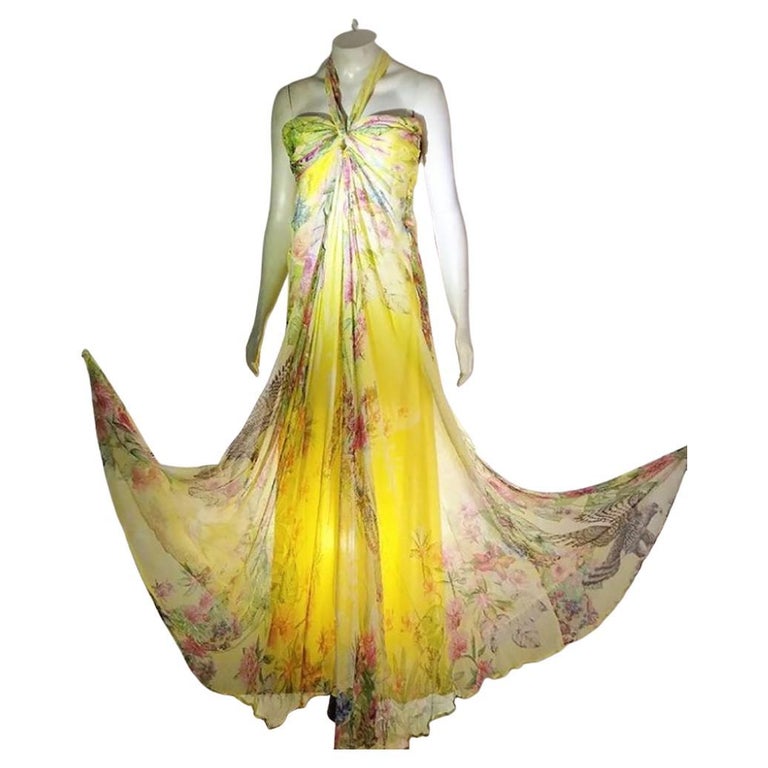 ROBERTO CAVALLI CLASS YELLOW FLORAL SILK LONG DRESS size 44 For Sale at  1stDibs