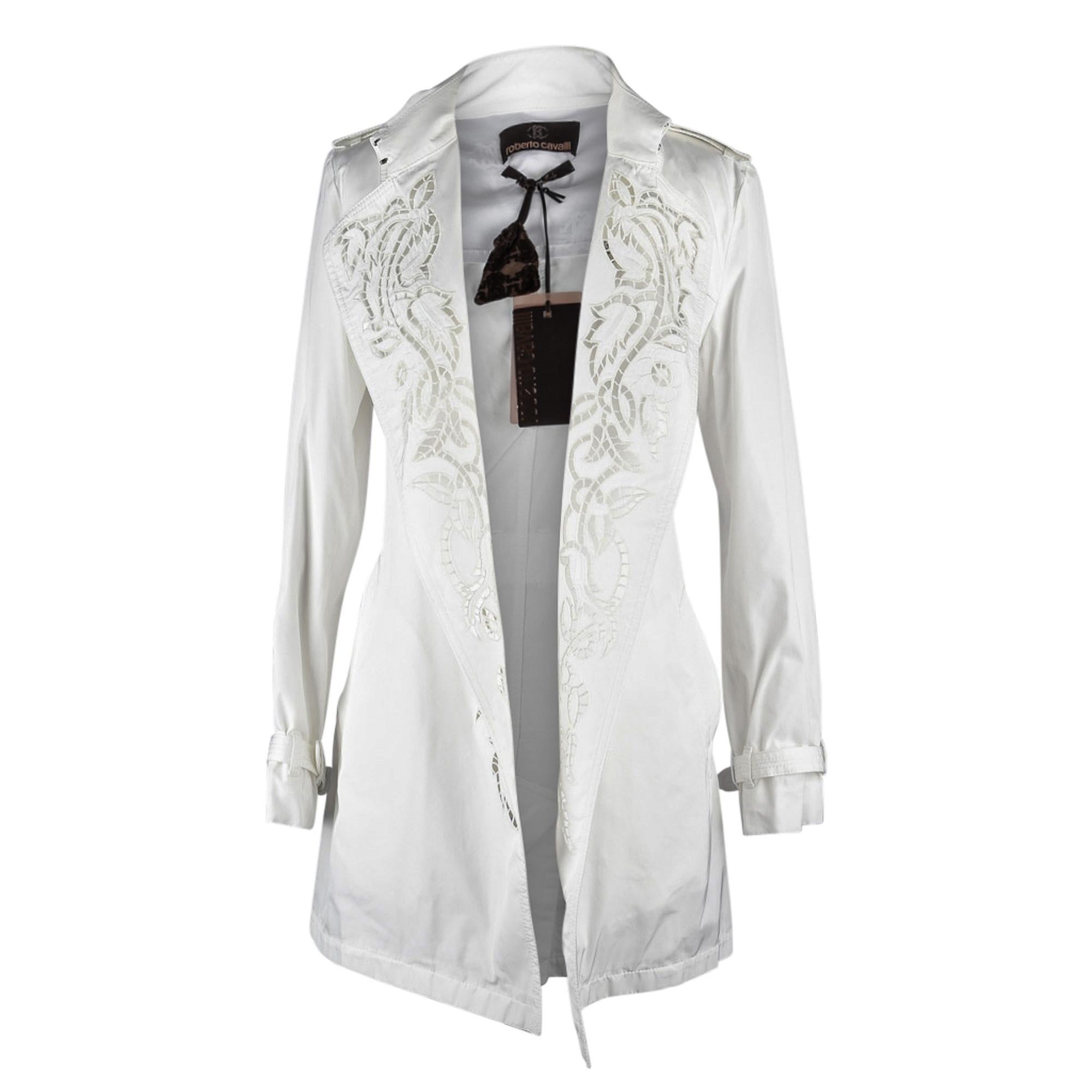 Roberto Cavalli Coat Trench Laser Cut Detail Winter White 42 / 8 New w/ Tag 5