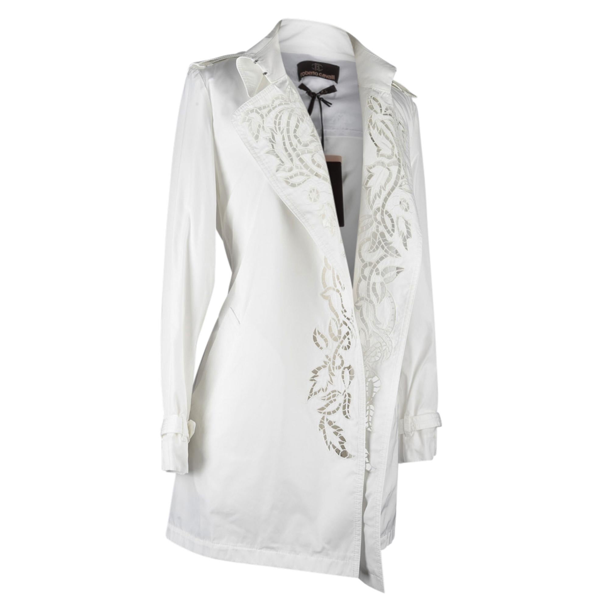 Roberto Cavalli Coat Trench Laser Cut Detail Winter White 42 / 8 New w/ Tag 4