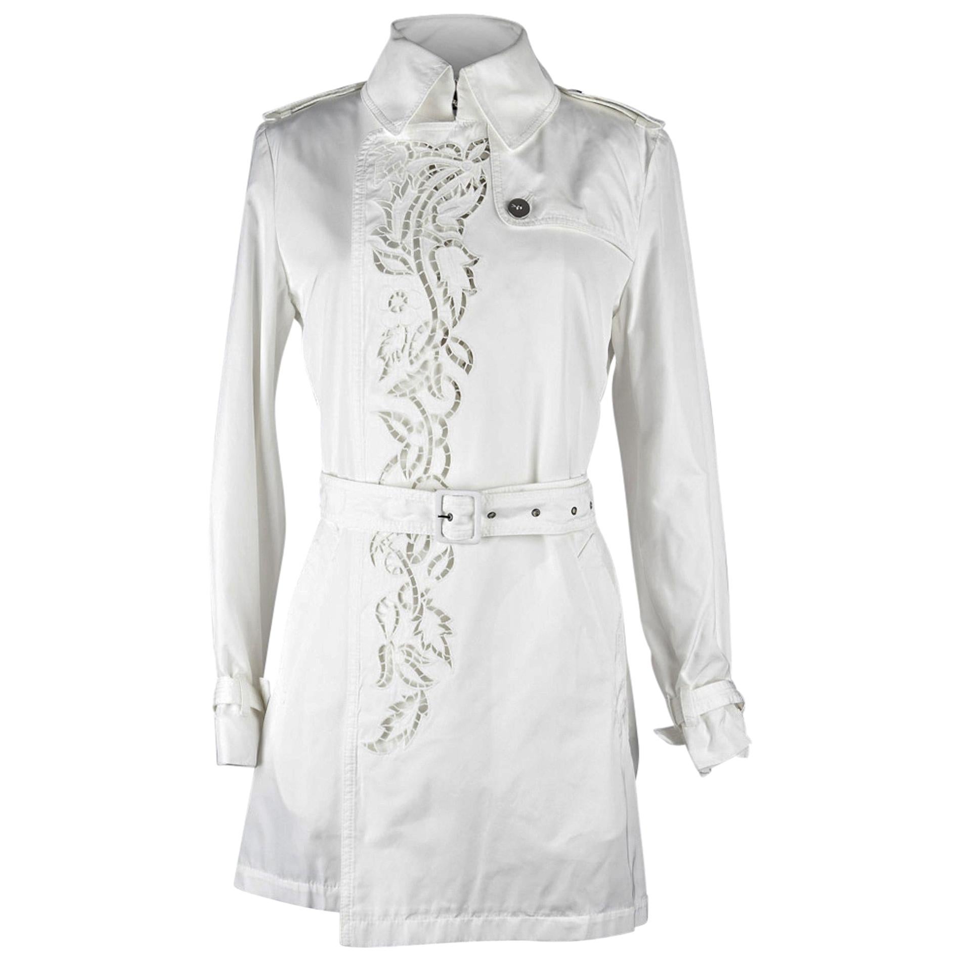 Roberto Cavalli Coat Trench Laser Cut Detail Winter White 42 / 8 New w/ Tag