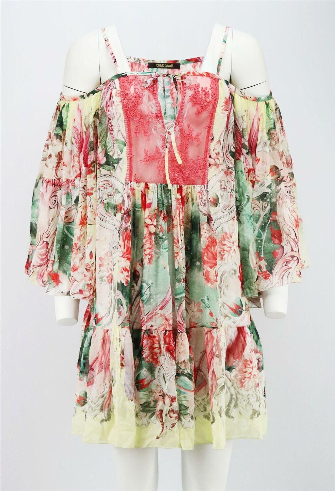 This silk mini dress epitomises Roberto Cavalli's hedonistic bohemian sensibility, it's patterned with a bold floral-print in shades of green, pink and yellow and flutters over the frame with a lace-panelled cold-shoulder neckline.
Multicoloured