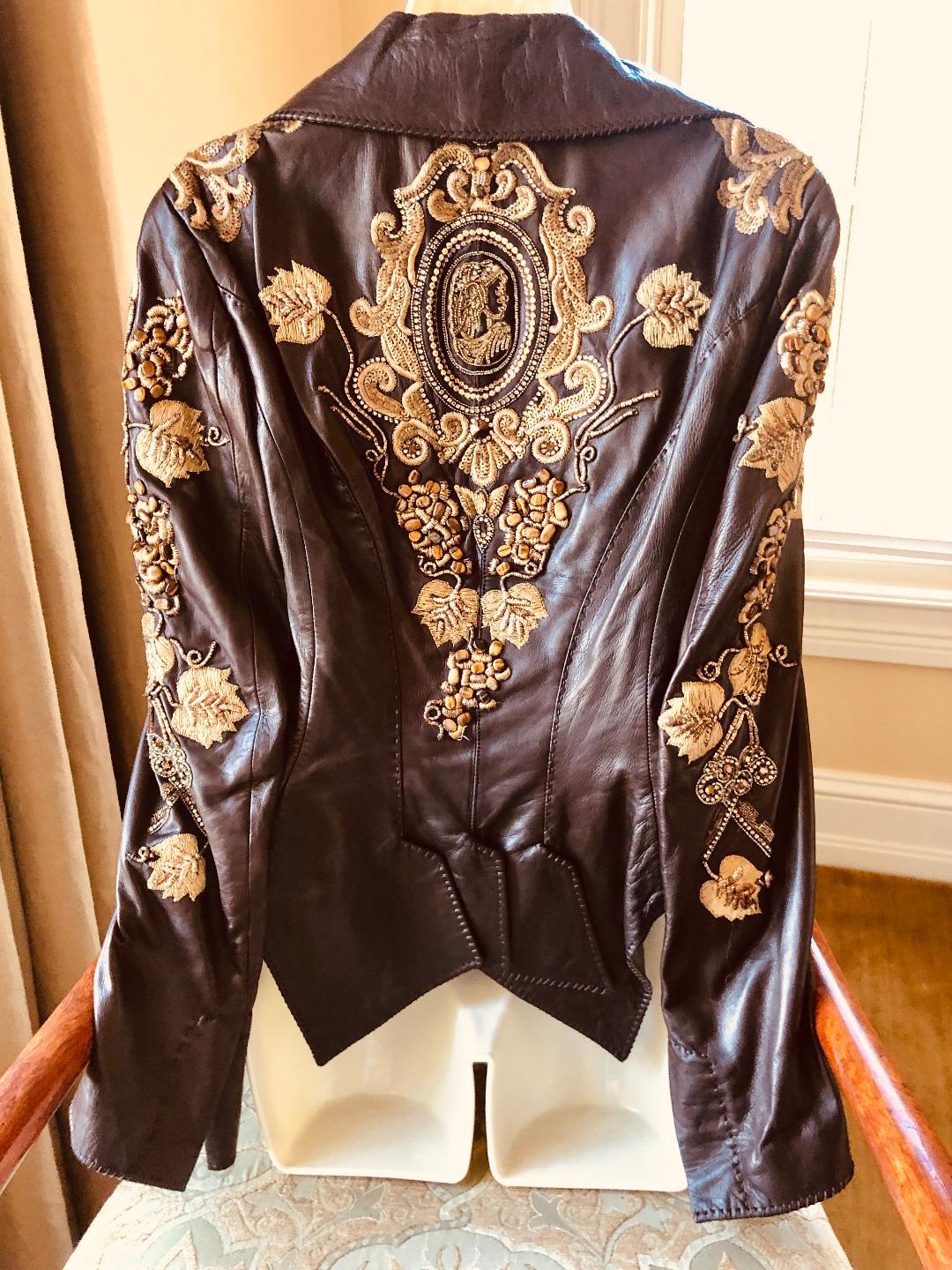 Roberto Cavalli Collectable Embellished Whipstitch Leather Jacket with Tigereye  For Sale 5