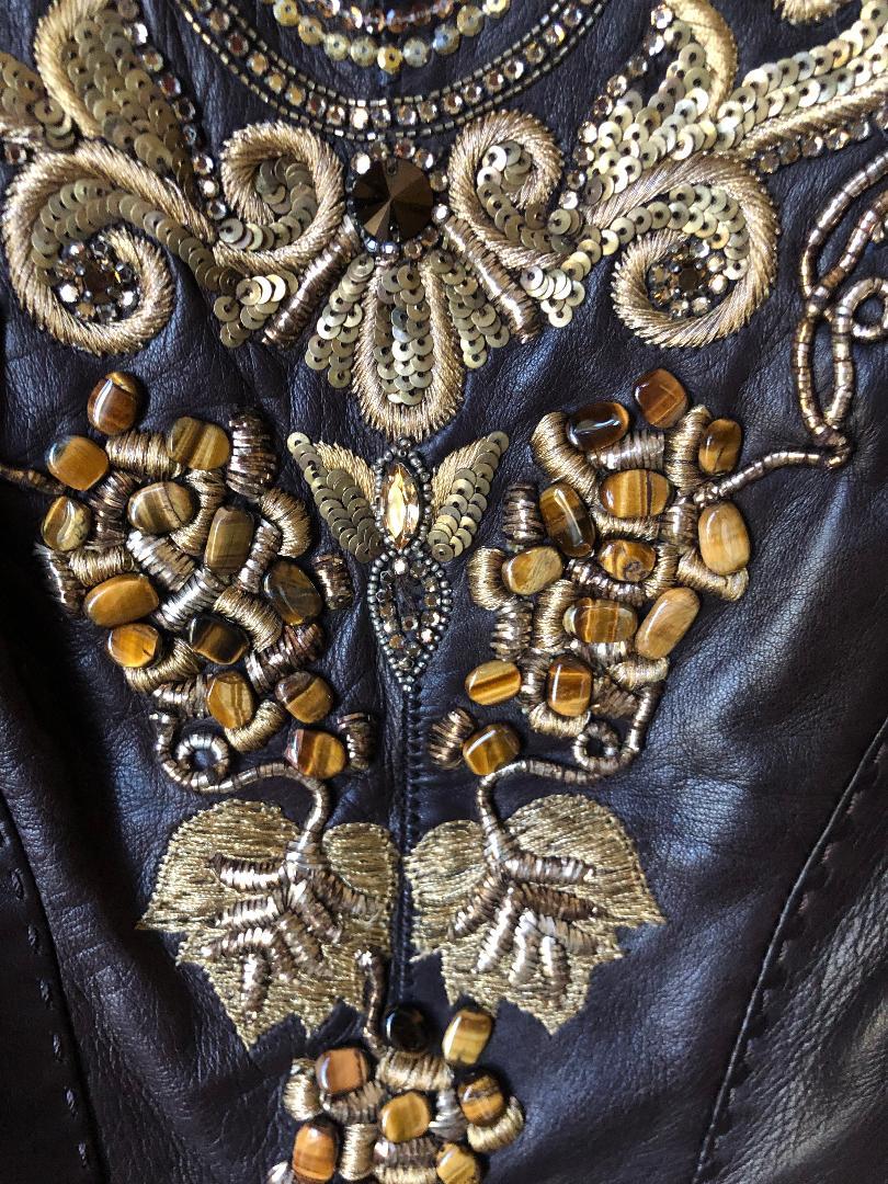 Black Roberto Cavalli Collectable Embellished Whipstitch Leather Jacket with Tigereye  For Sale