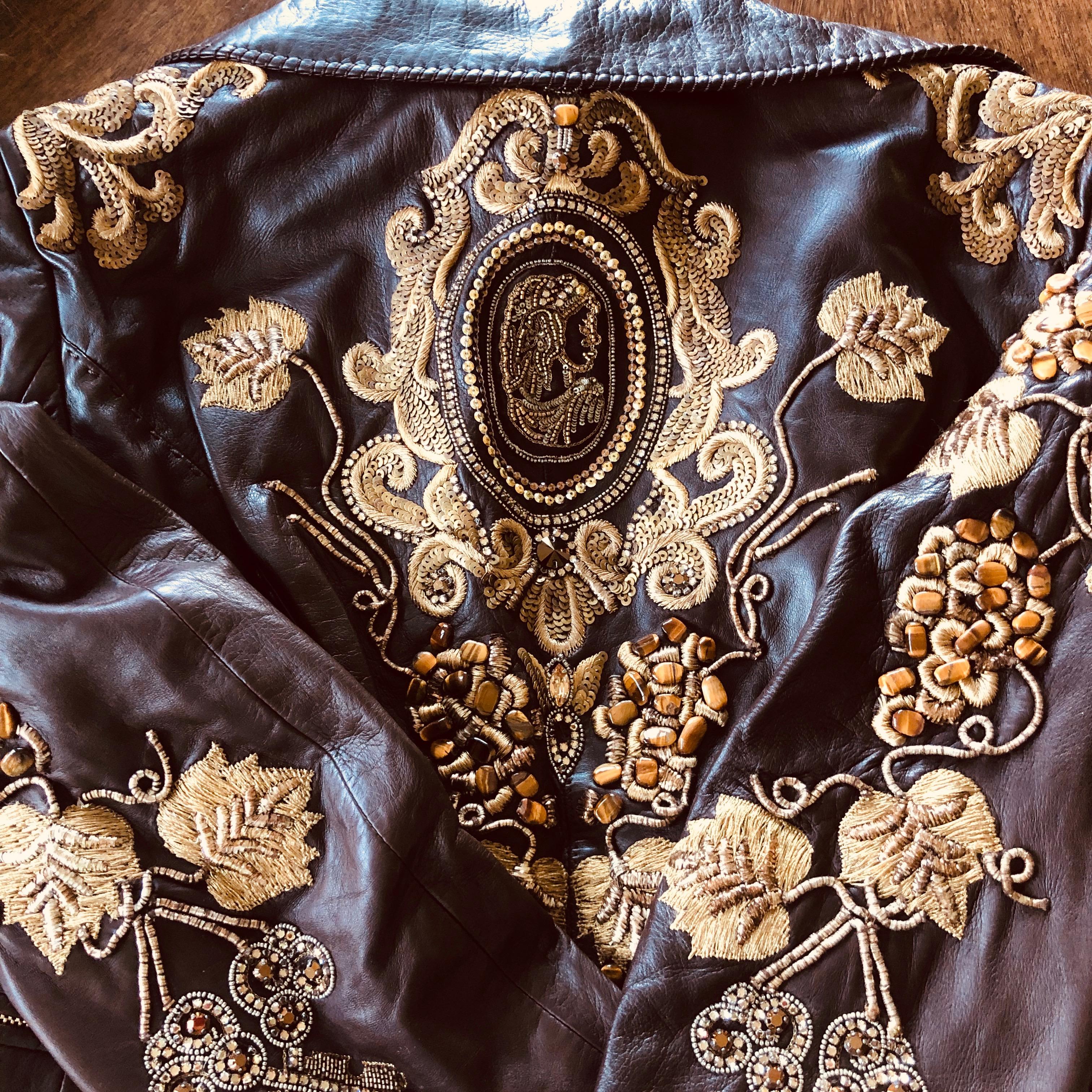 Roberto Cavalli Collectable Embellished Whipstitch Leather Jacket with Tigereye  In Good Condition For Sale In Cloverdale, CA