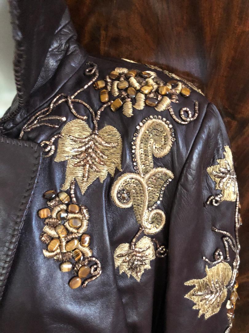Roberto Cavalli Collectable Embellished Whipstitch Leather Jacket with Tigereye  For Sale 3