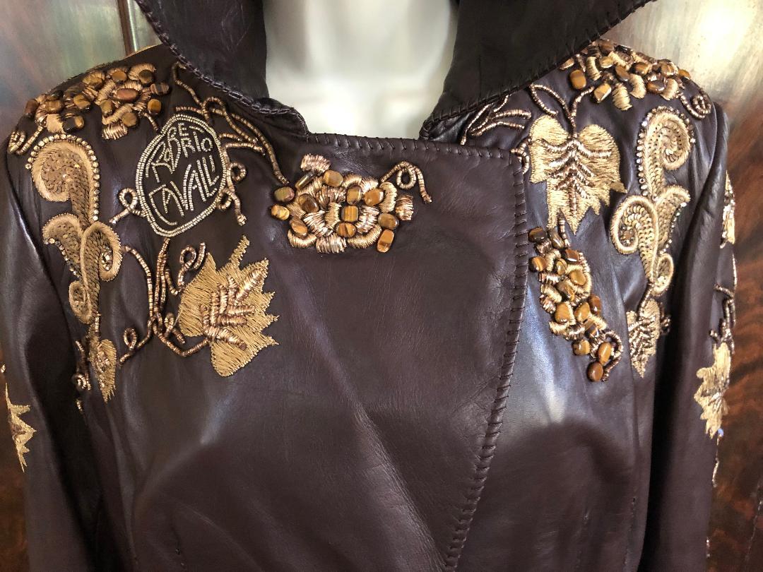 Roberto Cavalli Collectable Embellished Whipstitch Leather Jacket with Tigereye  For Sale 4