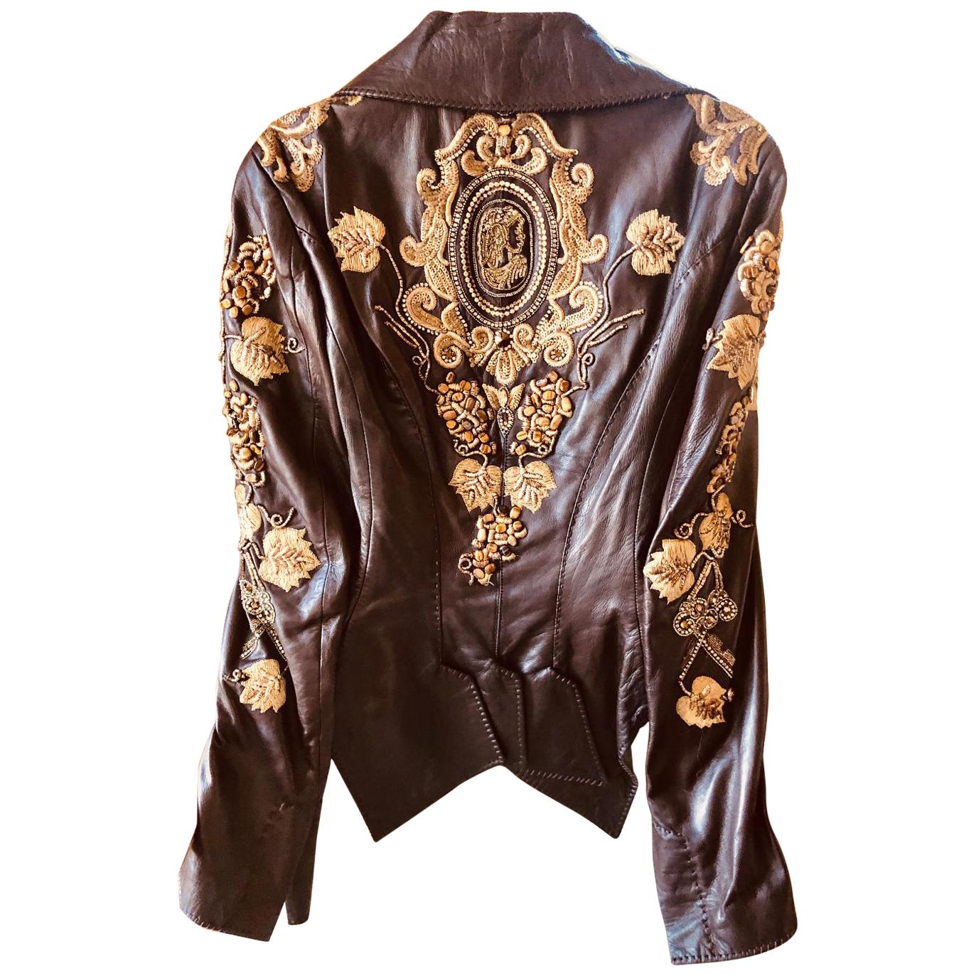 Roberto Cavalli Collectable Embellished Whipstitch Leather Jacket with Tigereye  For Sale