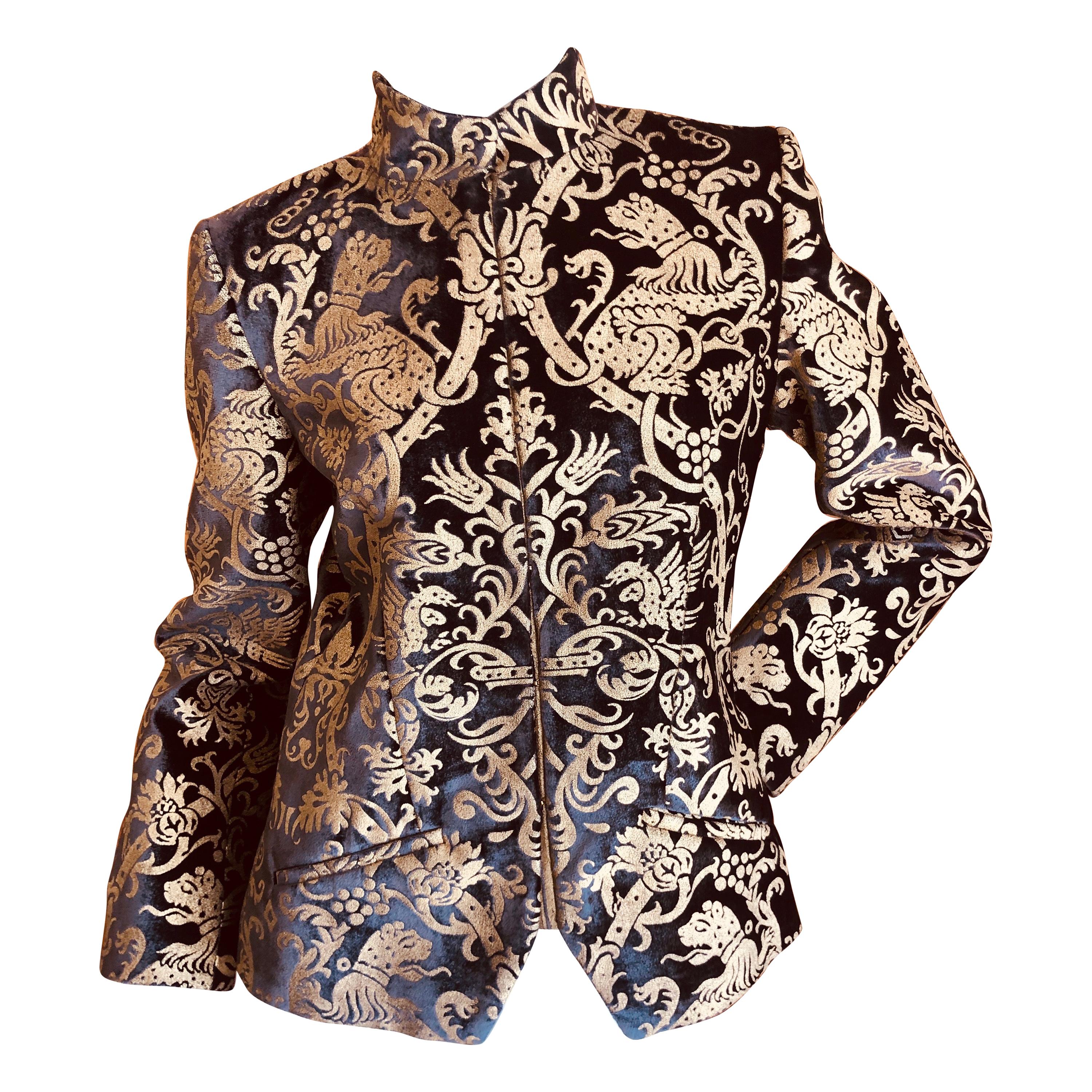 Roberto Cavalli Collectable Fortuny Style Rampant Lion Devore Velvet Jacket 46 For Sale