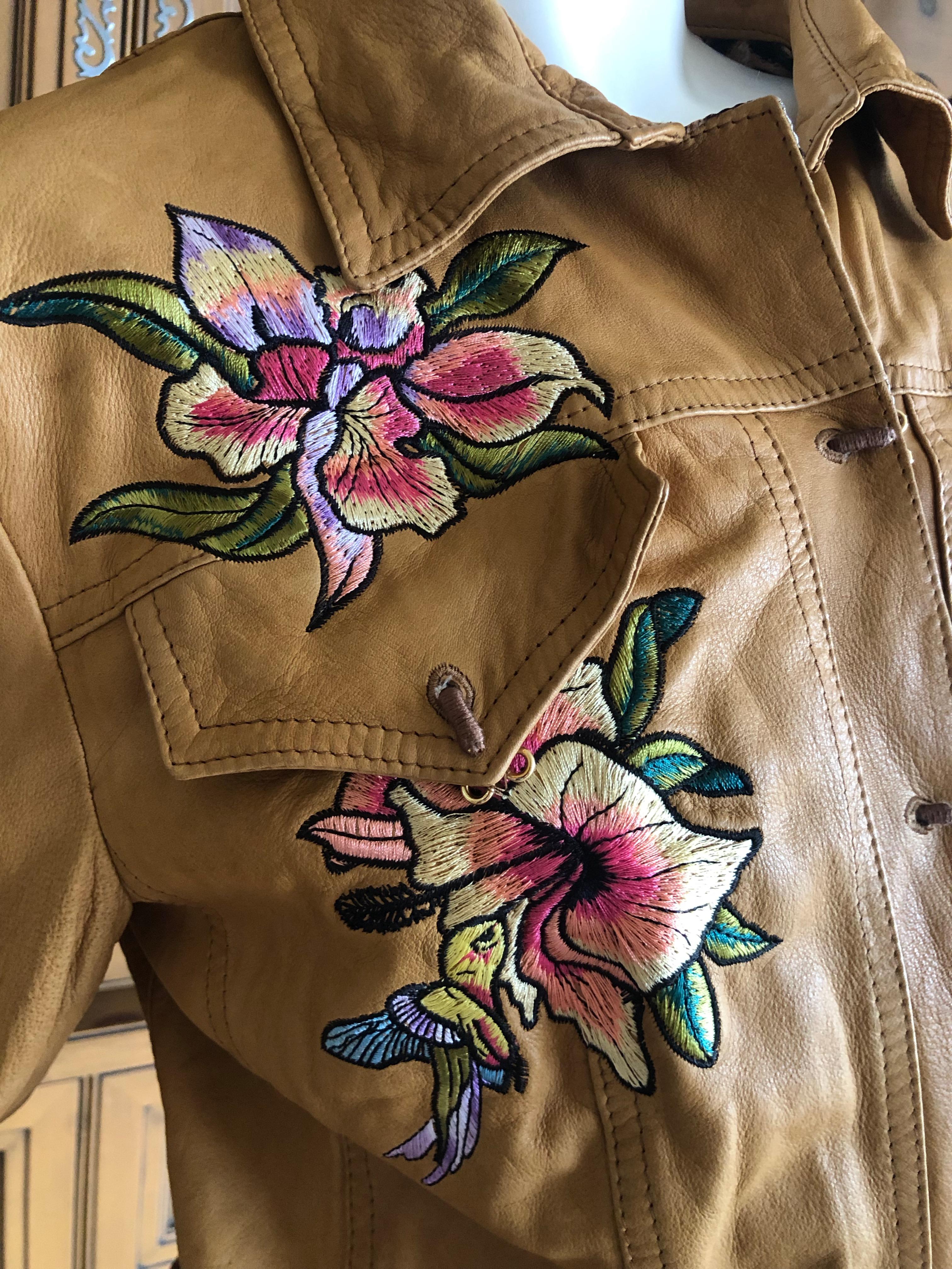 Brown Roberto Cavalli Collectable Leather Jacket with Tattoo Embroidery 2003 For Sale