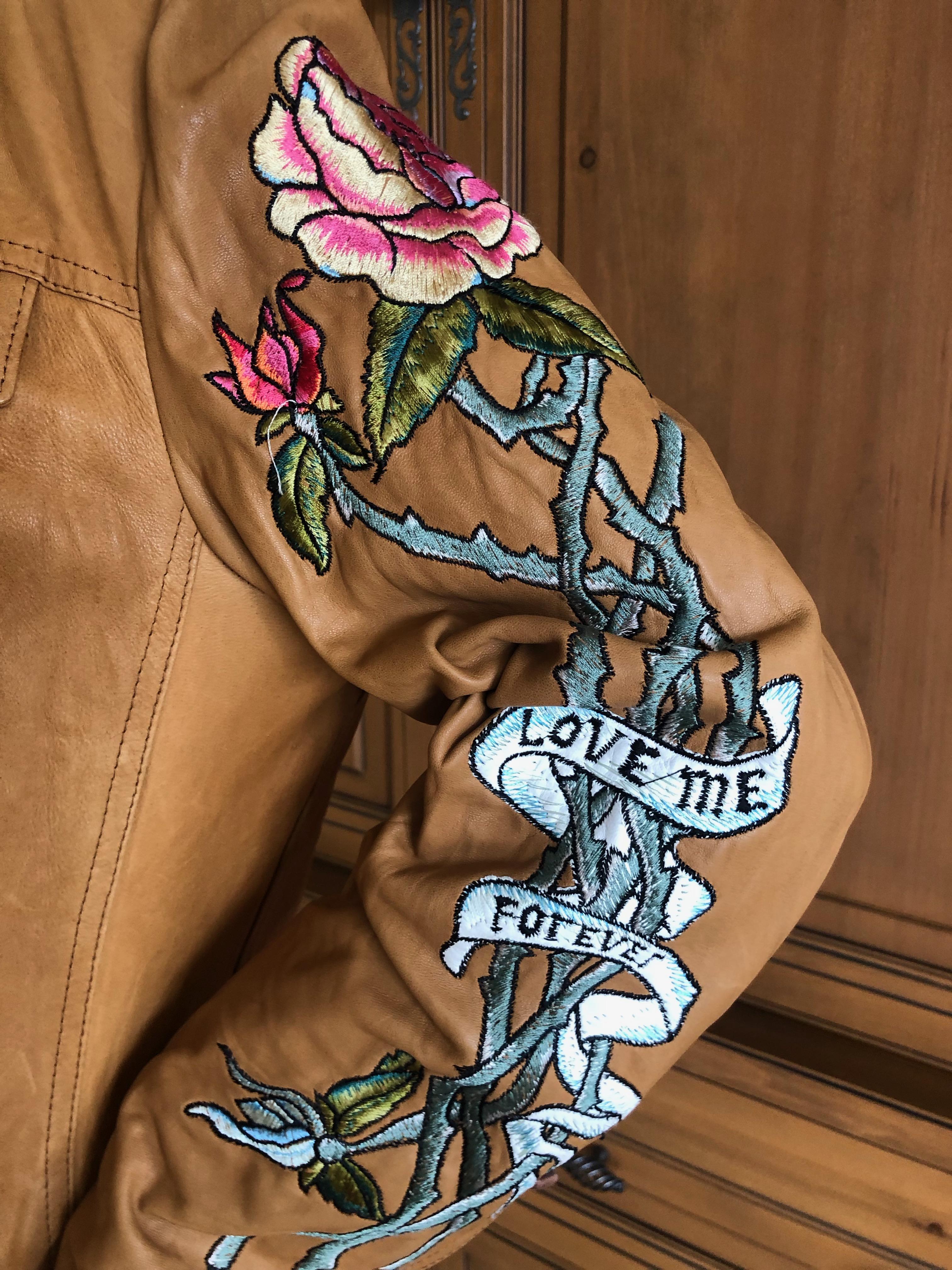 Brown Roberto Cavalli Collectable Leather Jacket with Tattoo Embroidery 2003 For Sale