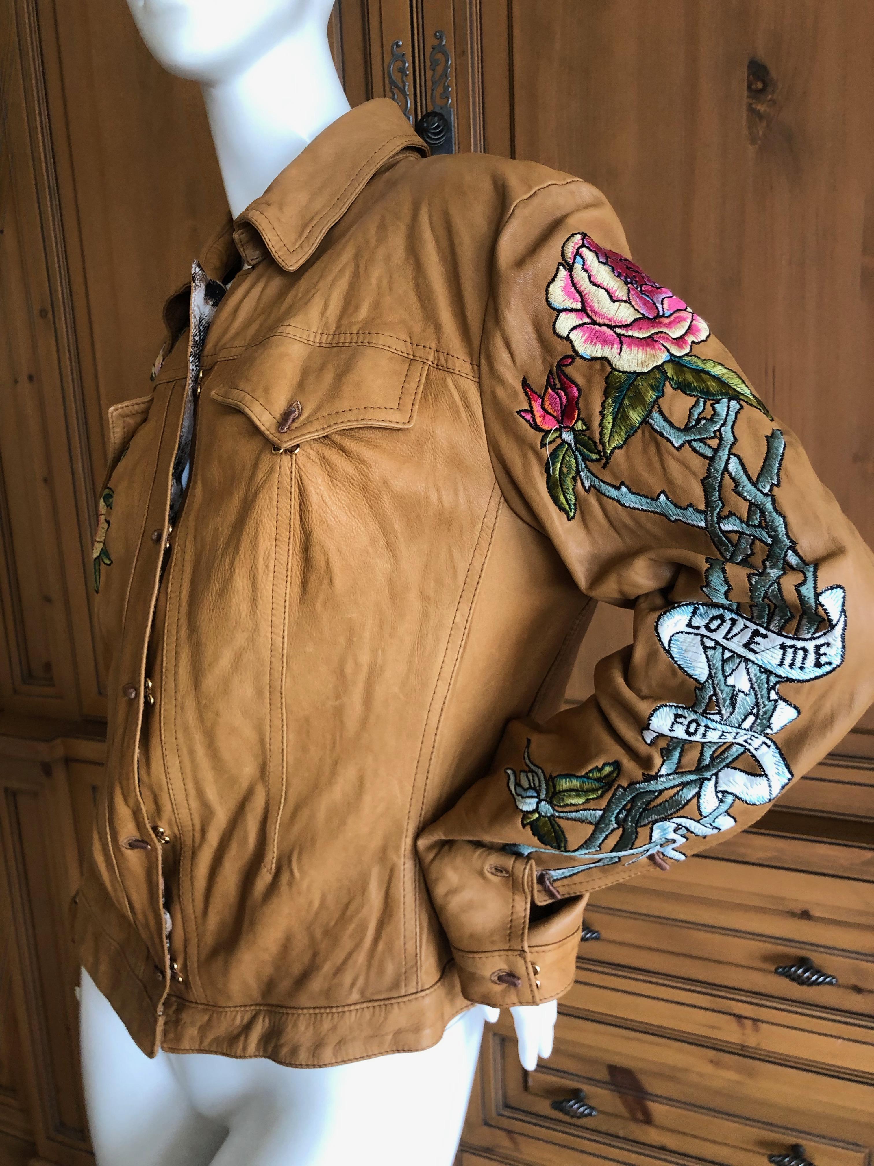 Roberto Cavalli Collectable Leather Jacket with Tattoo Embroidery 2003 In Excellent Condition For Sale In Cloverdale, CA