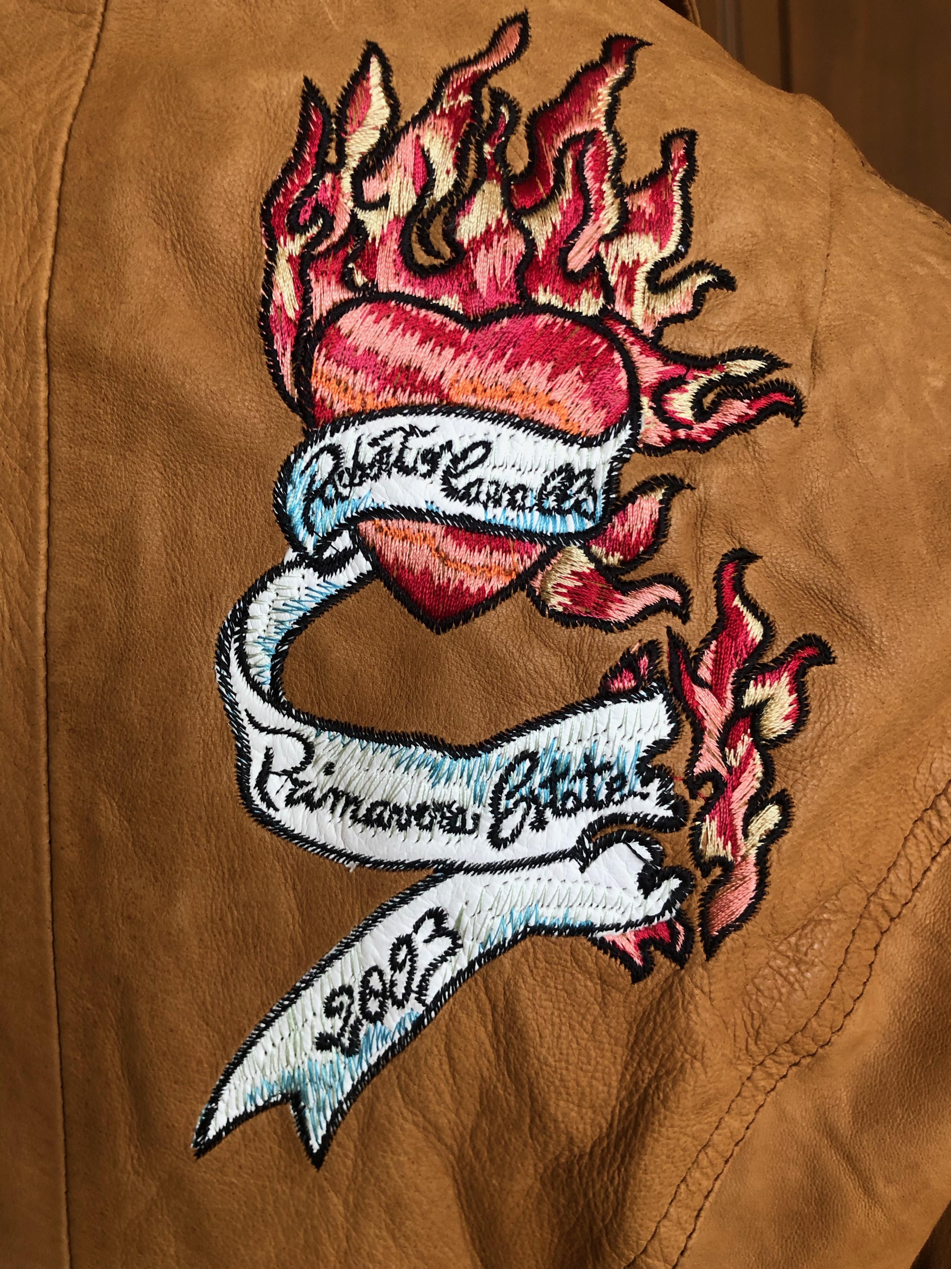 Women's or Men's Roberto Cavalli Collectable Leather Jacket with Tattoo Embroidery 2003 For Sale
