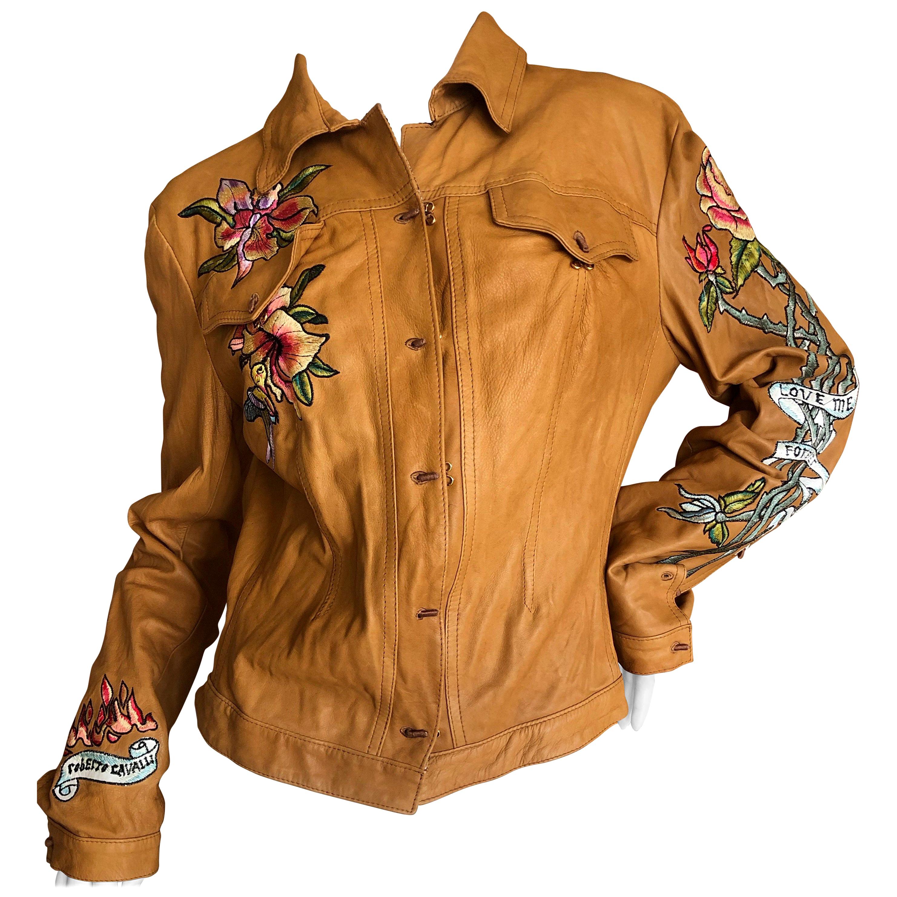 Roberto Cavalli Collectable Leather Jacket with Tattoo Embroidery 2003 For Sale