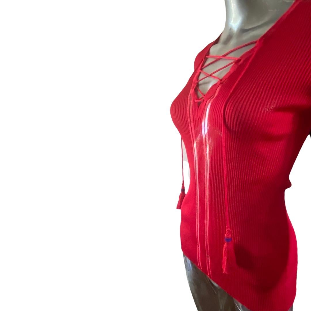 Roberto Cavalli Collection Red Viscose Sexy Knit Summer Sweater, Italy Size 10 In Good Condition For Sale In Palm Springs, CA