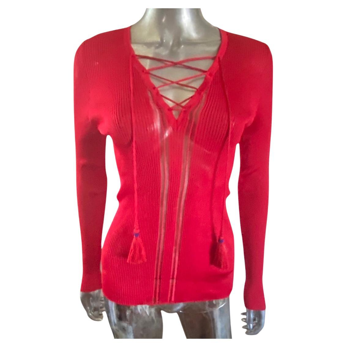 Roberto Cavalli Collection Red Viscose Sexy Knit Summer Sweater, Italy Size 10 For Sale