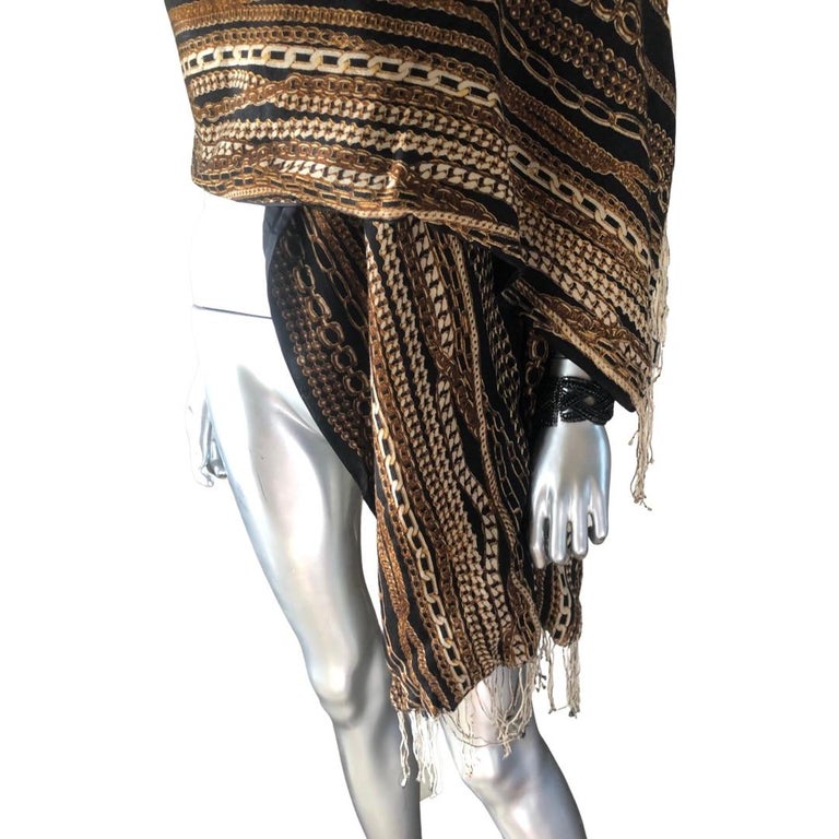Roberto Cavalli Collection Shawl/Scarf Black Silk and Wool Gold Chains  Print Italy For Sale at 1stDibs