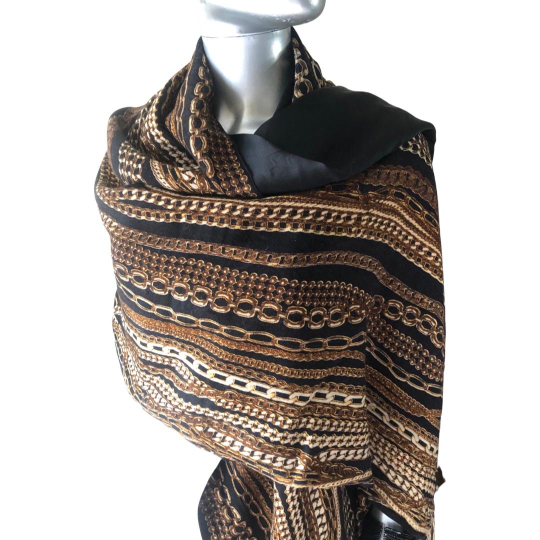 Brown Roberto Cavalli Collection Shawl/Scarf Black Silk & Wool Gold Chains Print Italy For Sale