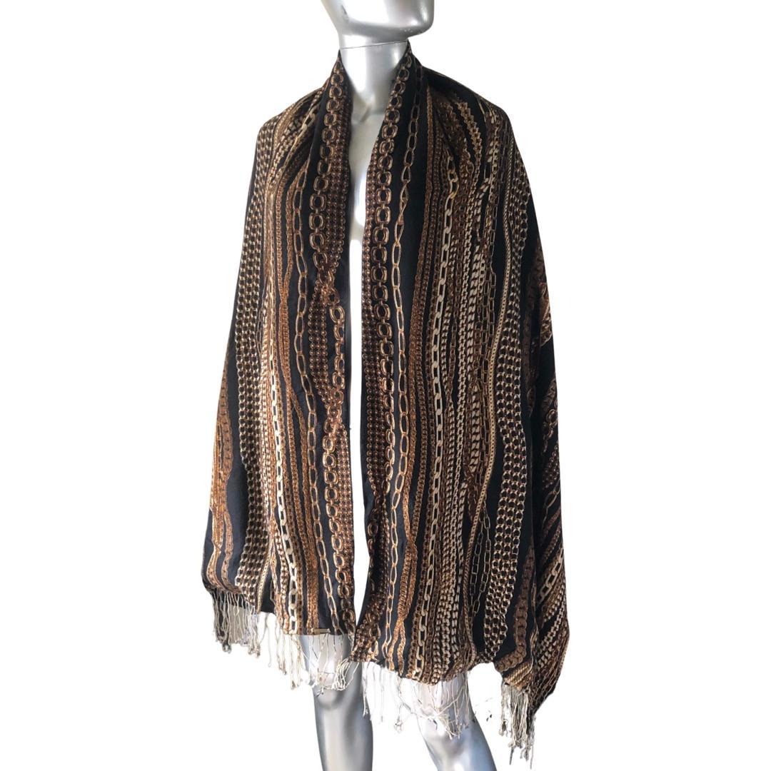 Women's or Men's Roberto Cavalli Collection Shawl/Scarf Black Silk & Wool Gold Chains Print Italy For Sale