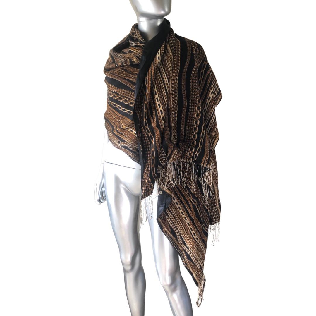 Roberto Cavalli Collection Shawl/Scarf Black Silk & Wool Gold Chains Print Italy For Sale 1