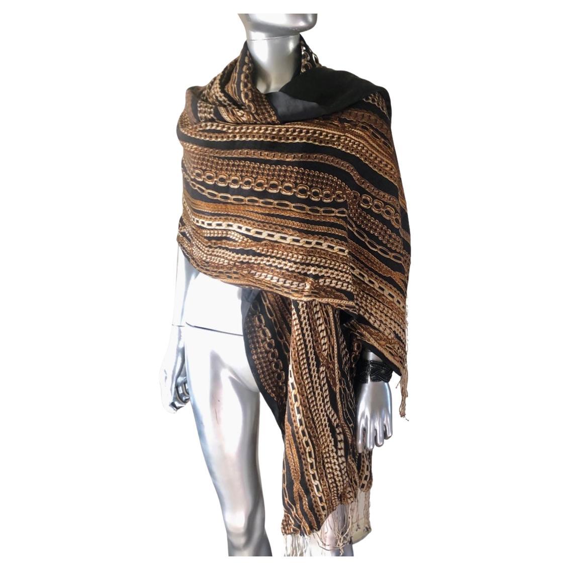 Roberto Cavalli Collection Shawl/Scarf Black Silk & Wool Gold Chains Print Italy For Sale